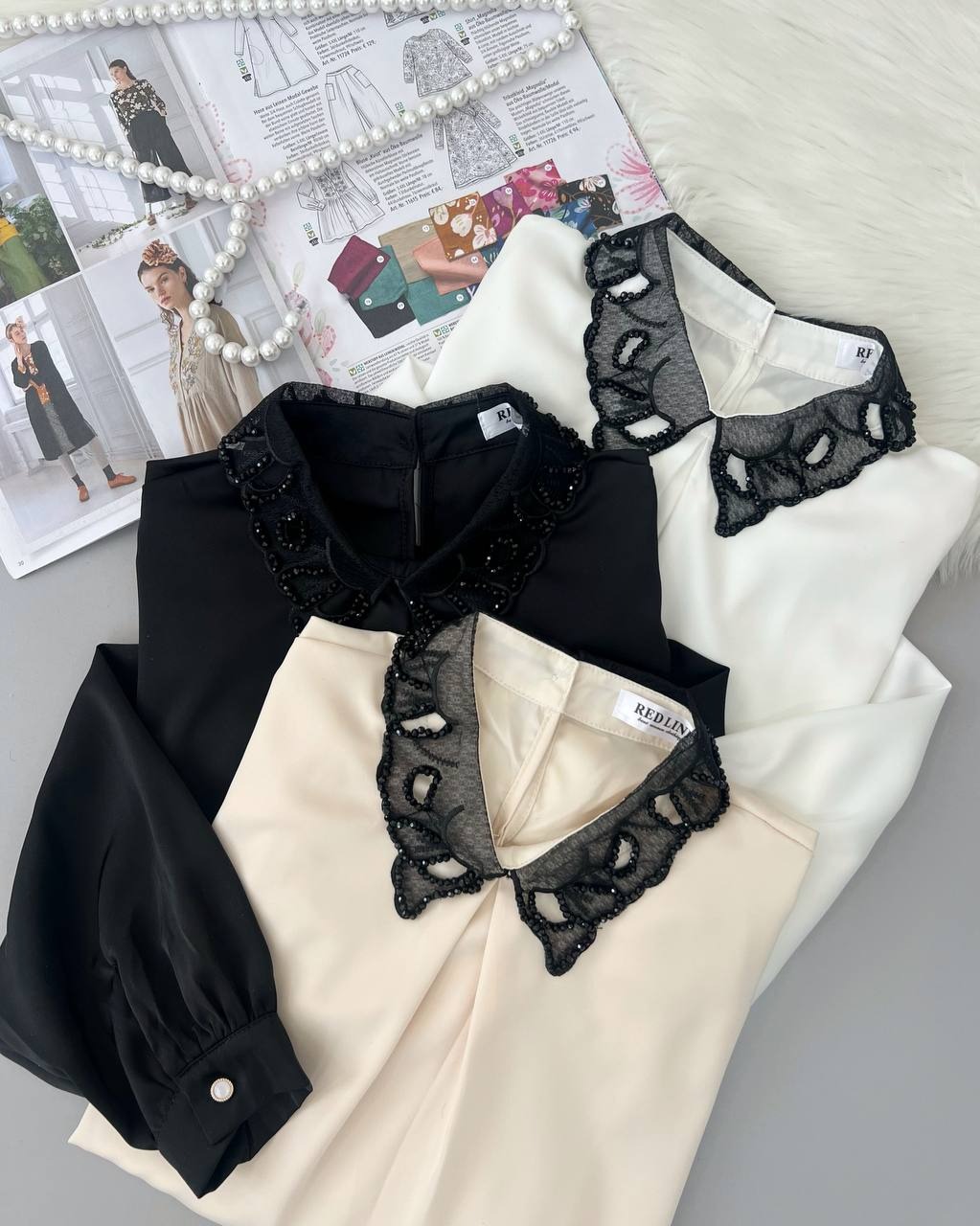 شومیز ساتن با یقه ی منجوق دوزی کد 4791