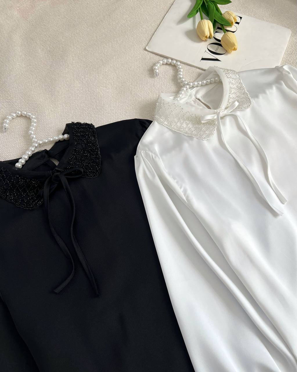 شومیز ساتن یقه منجوق دوزی کد 4793