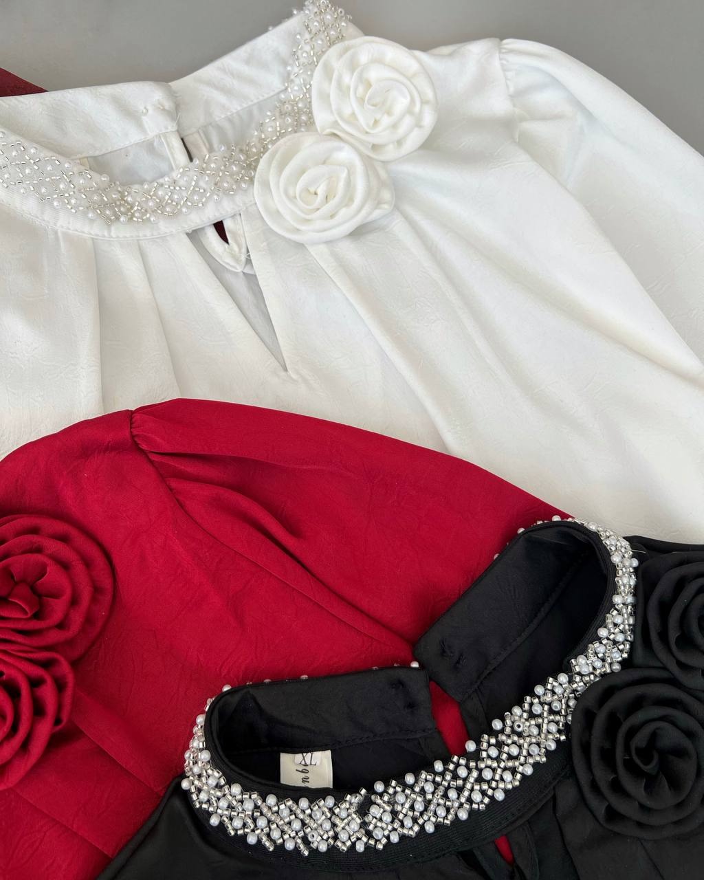 شومیز ساتن یقه منجوق دوزی کد 4813