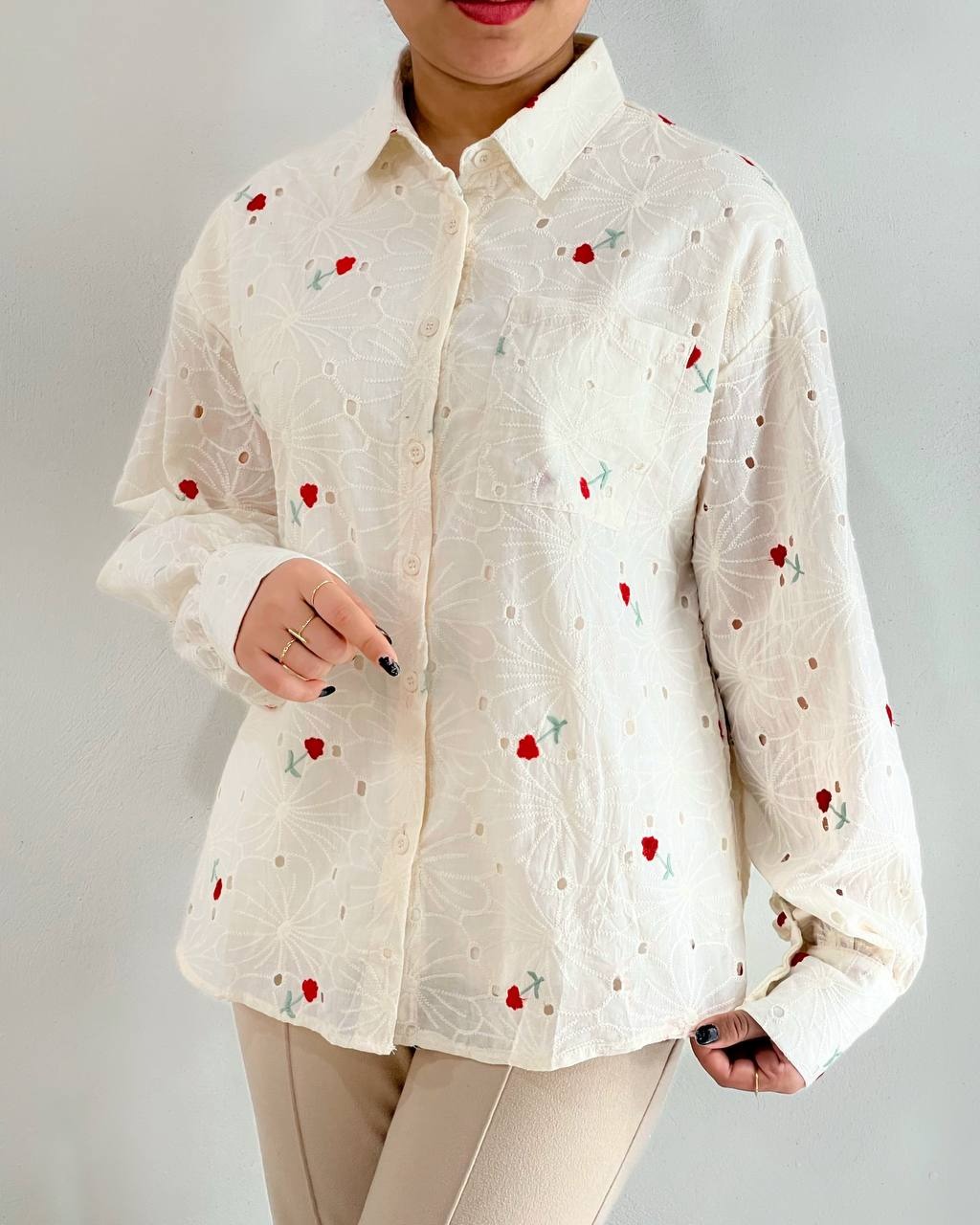 شومیز تمام خامه دوزی جلو دکمه کد 4814