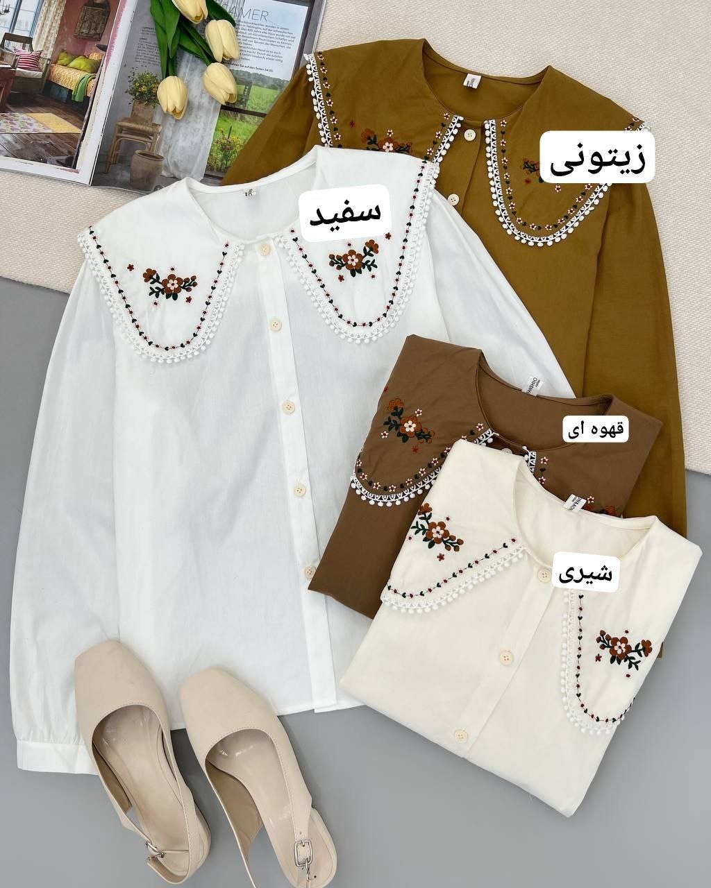 شومیز یقه گلدوزی جلو دکمه کد 4913