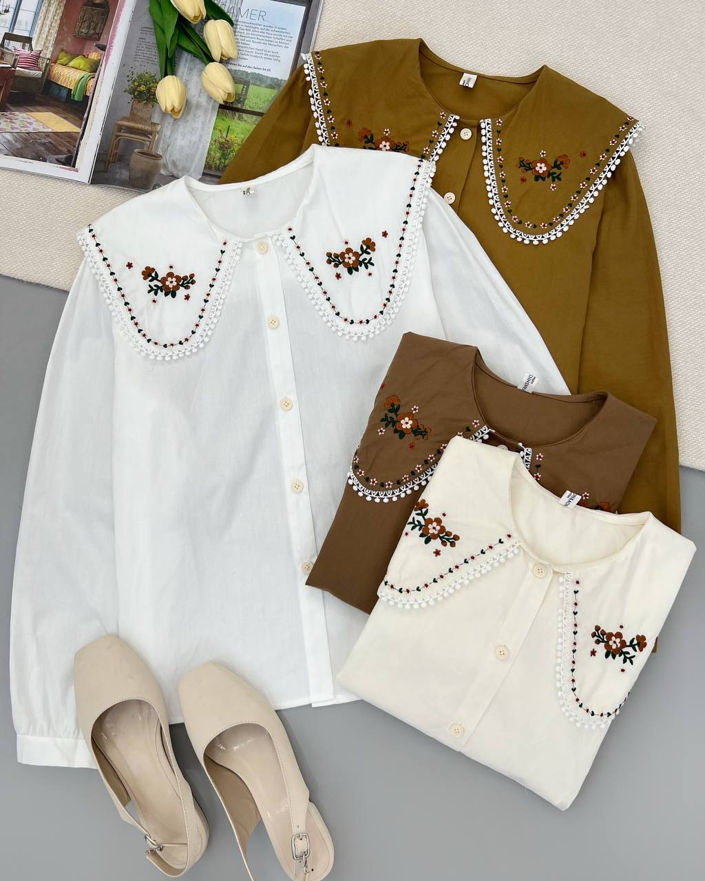 شومیز یقه گلدوزی جلو دکمه کد 4913