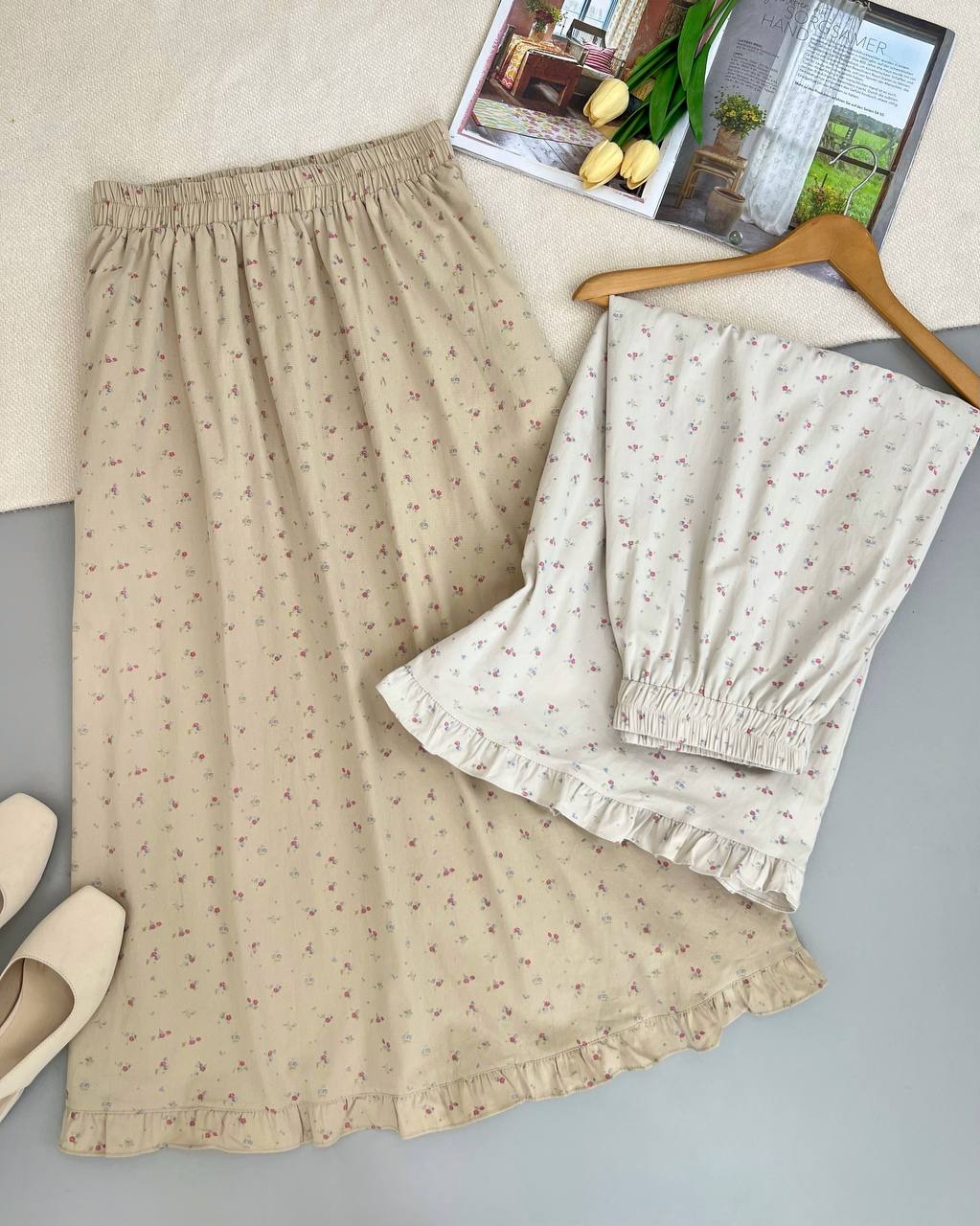 دامن کتان گل ریز پایین چین کد 5002