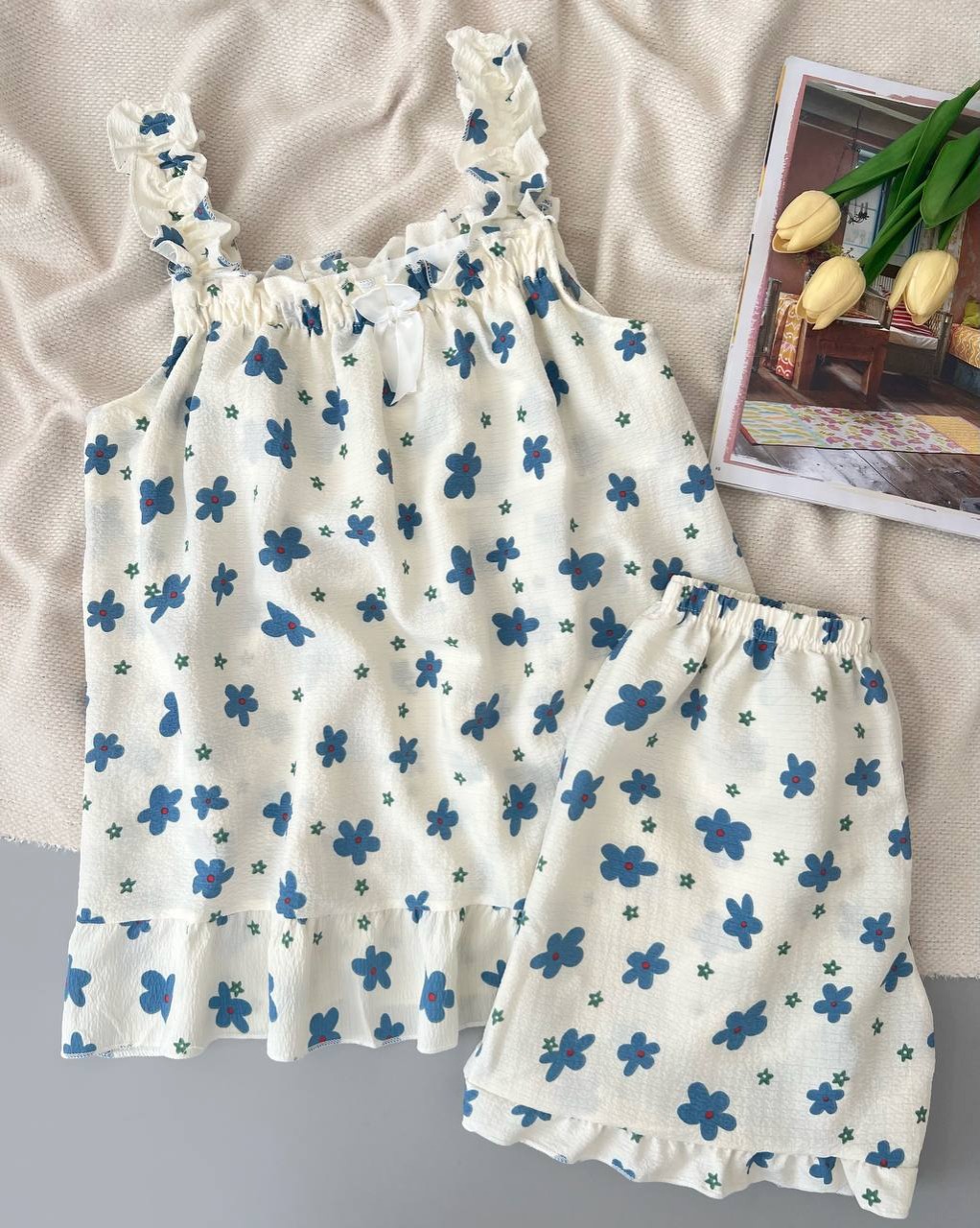 ست تاپ و شلوارک گل آبی کد 5015