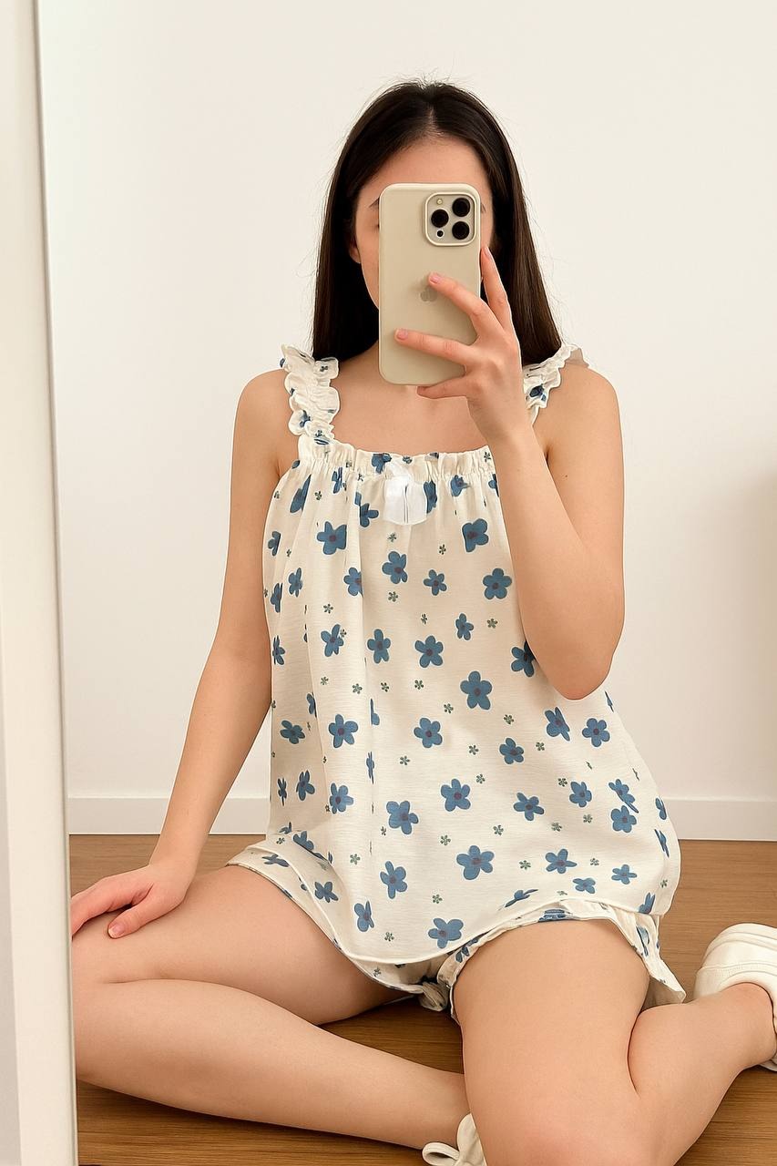 ست تاپ و شلوارک گل آبی کد 5015