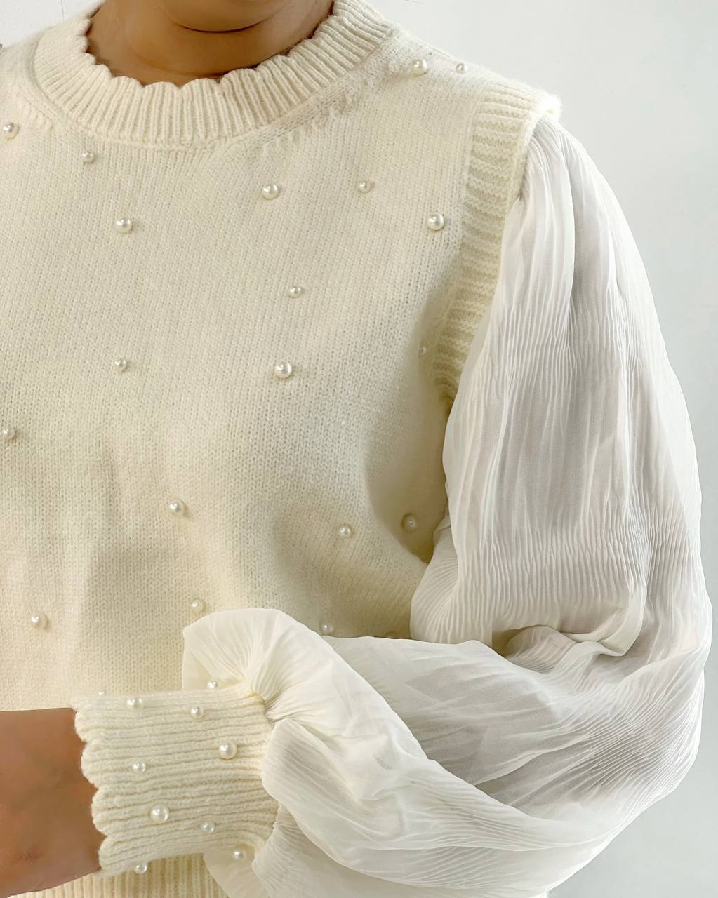 پلیور بافت آستین پلیسه مروارید کد 5102