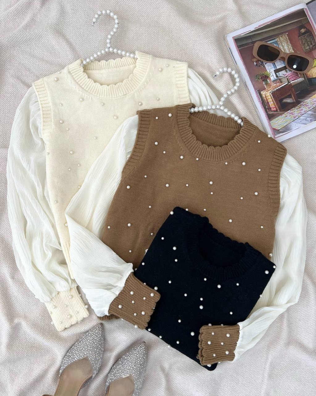 پلیور بافت آستین پلیسه مروارید کد 5102