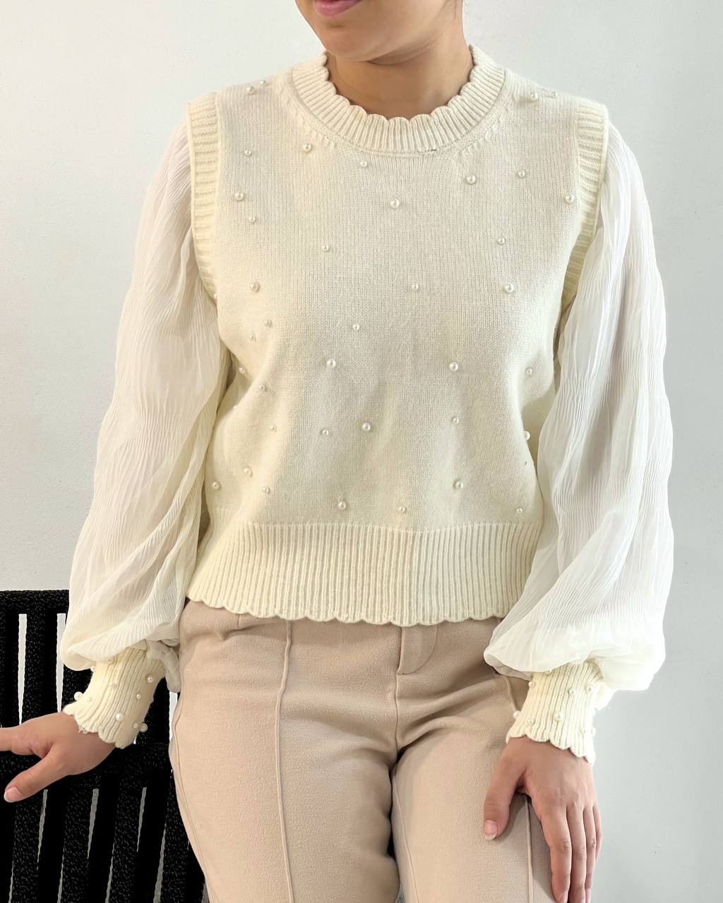 پلیور بافت آستین پلیسه مروارید کد 5102