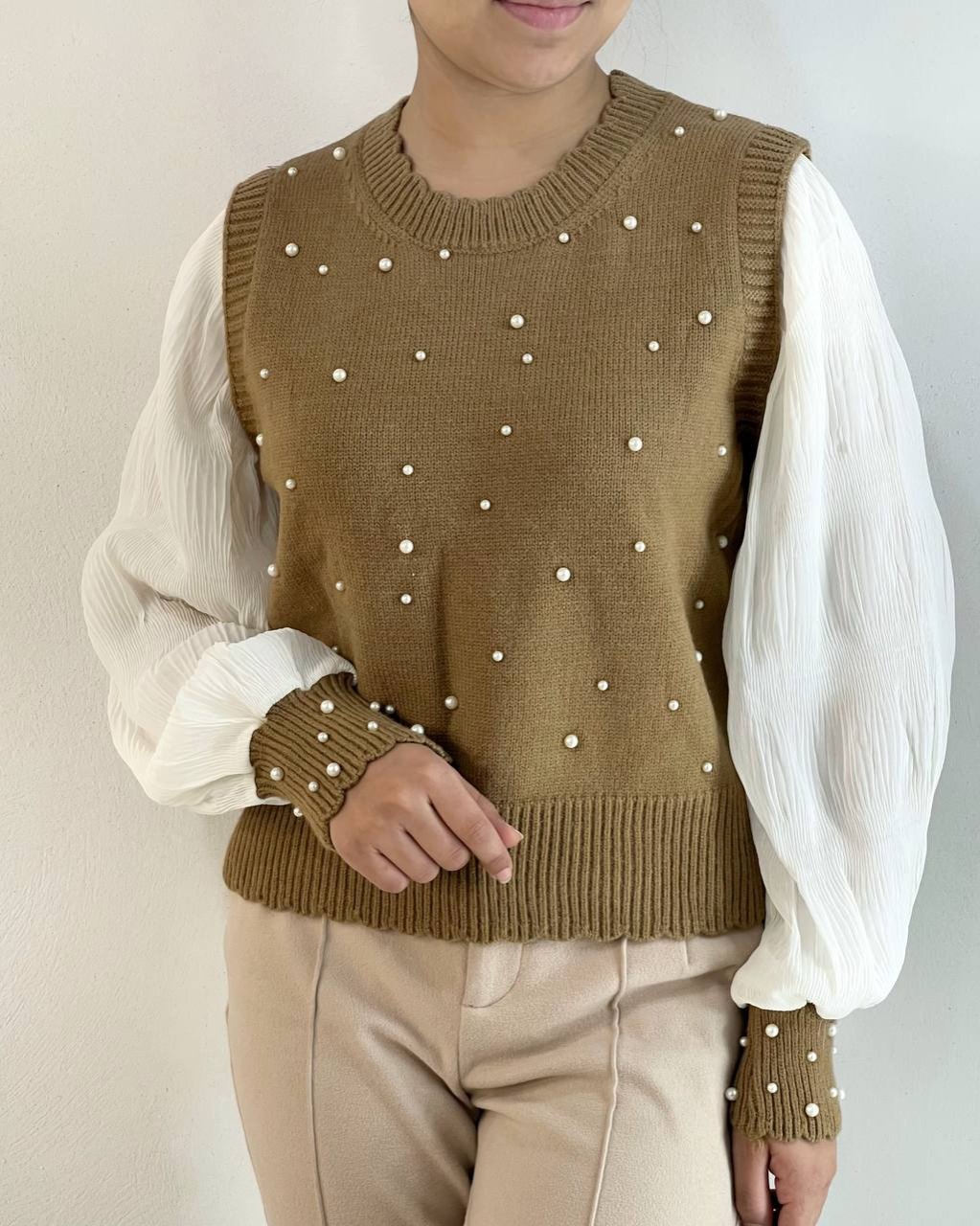 پلیور بافت آستین پلیسه مروارید کد 5102