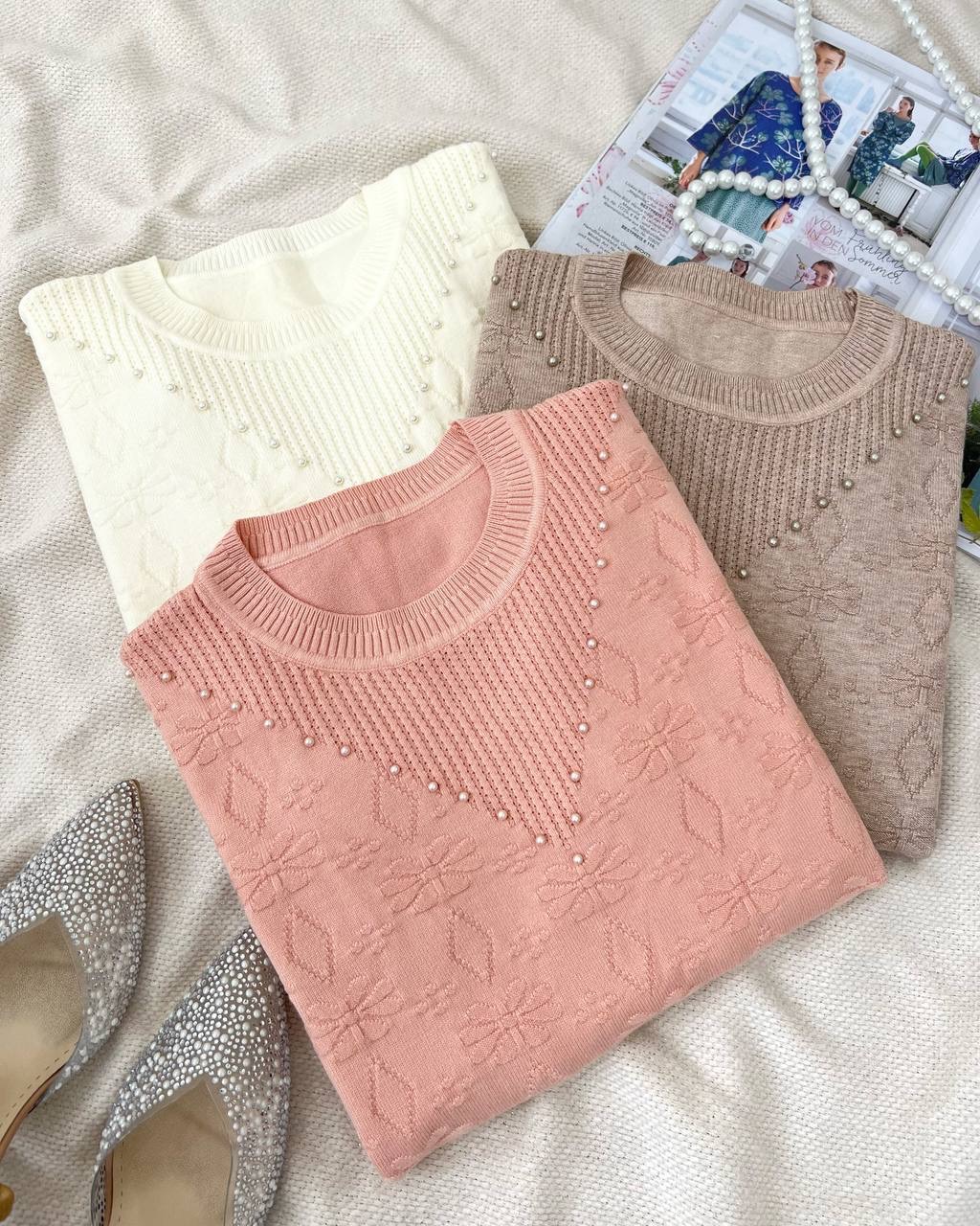 پلیور بافت گل برجسته یقه مروارید کد 5109