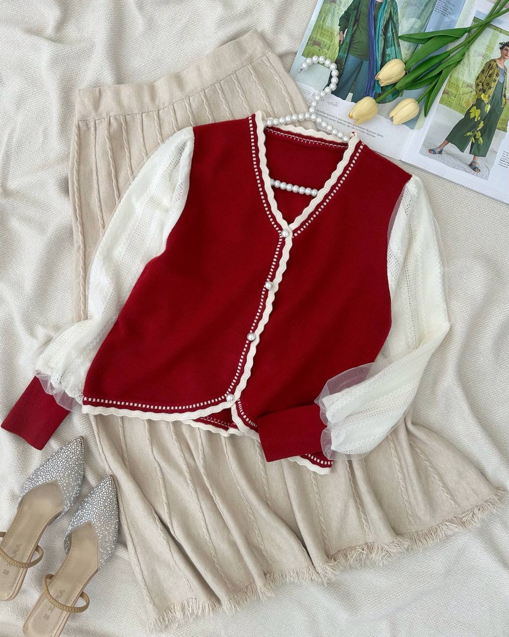 پلیور بافت جلو دکمه آستین تور کد 5131