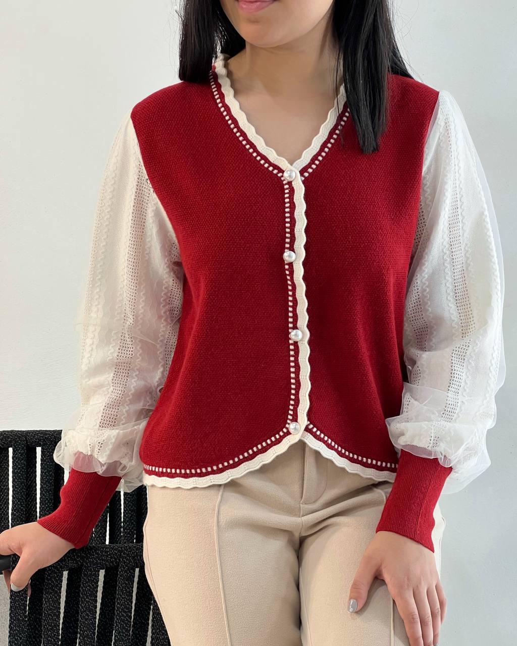 پلیور بافت جلو دکمه آستین تور کد 5131