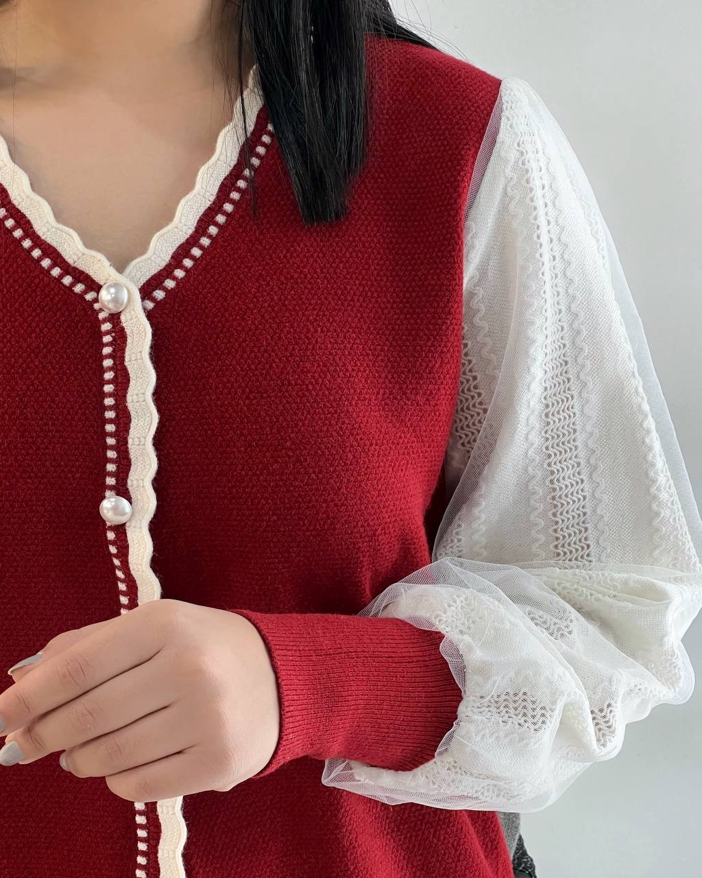 پلیور بافت جلو دکمه آستین تور کد 5131