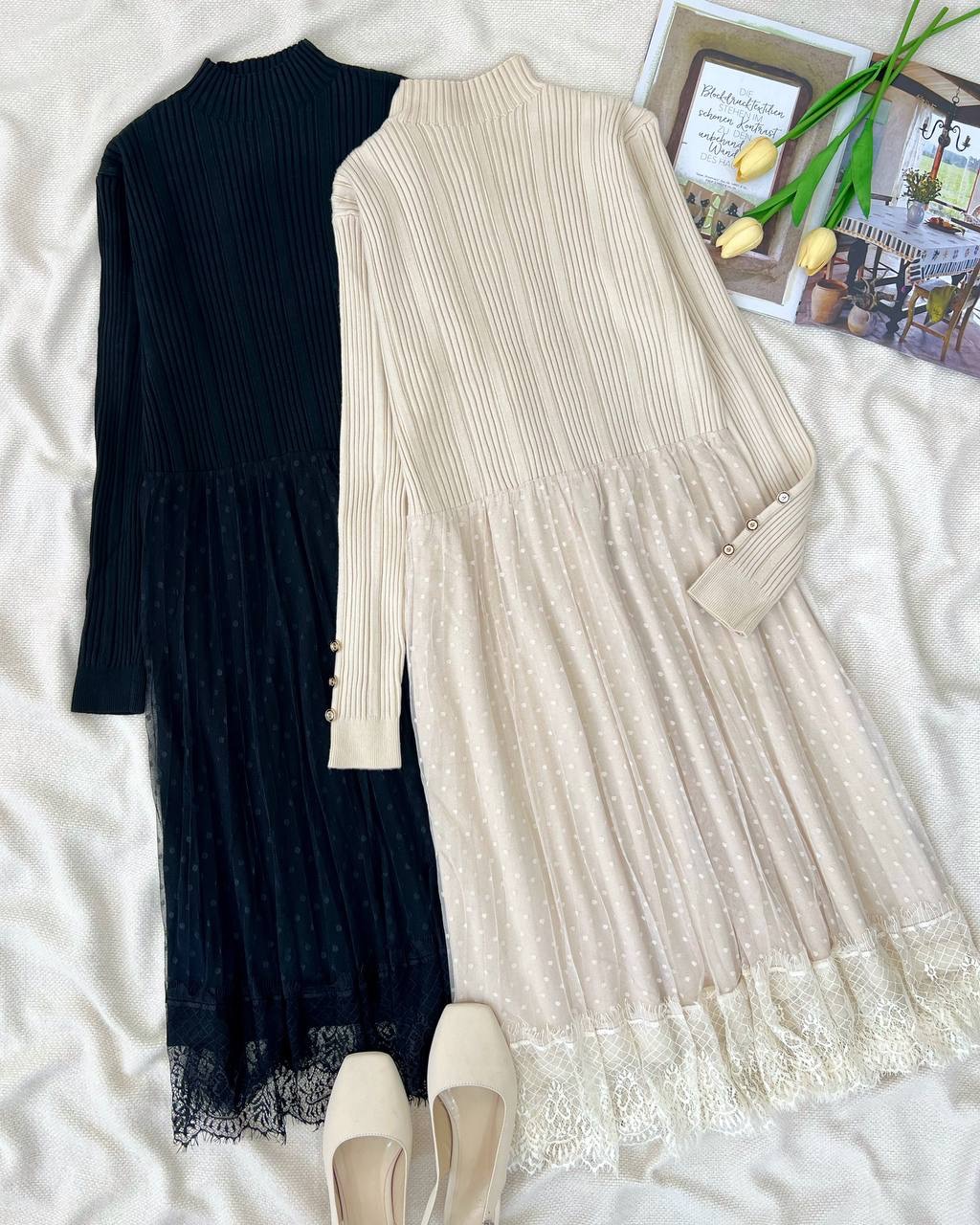 پیراهن بافت دو رنگ دامن توری کد 5132