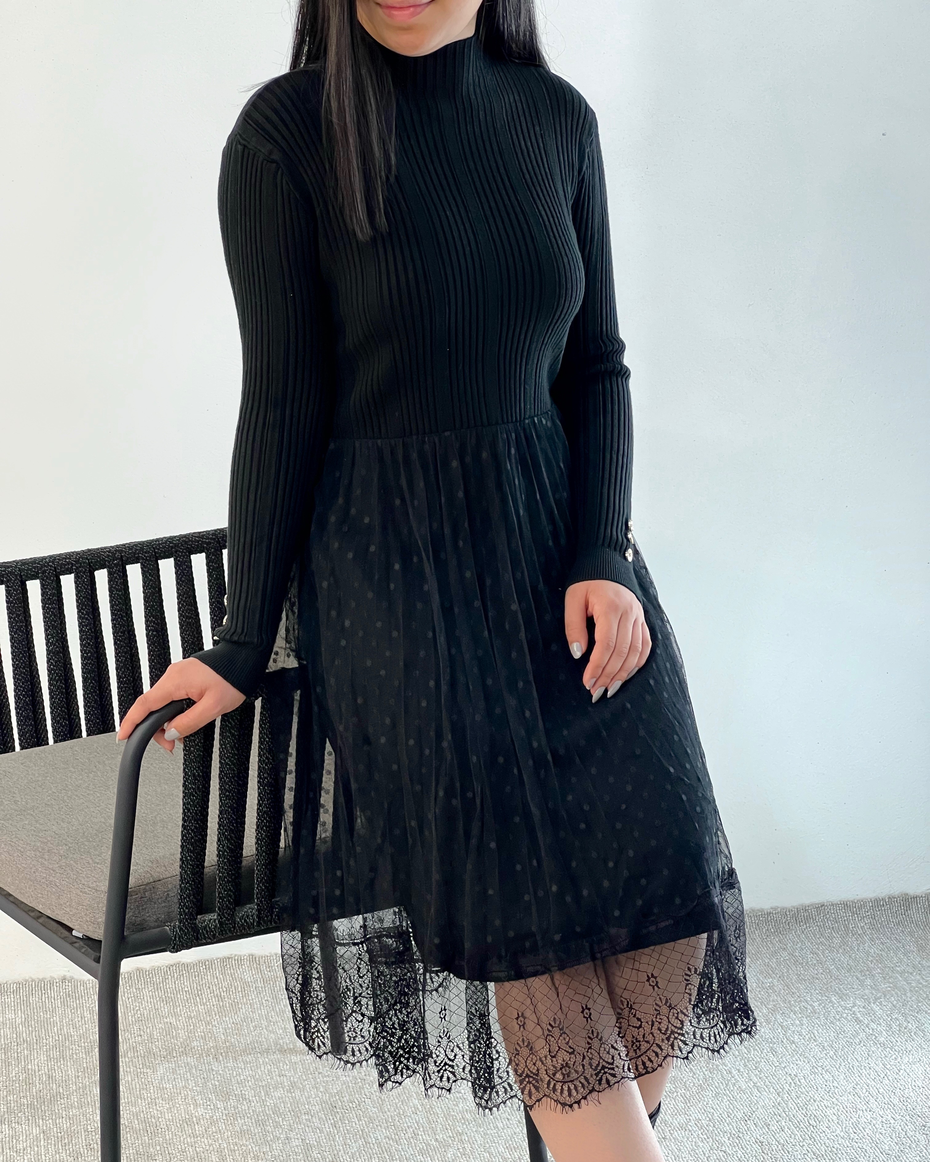 پیراهن بافت دو رنگ دامن توری کد 5132