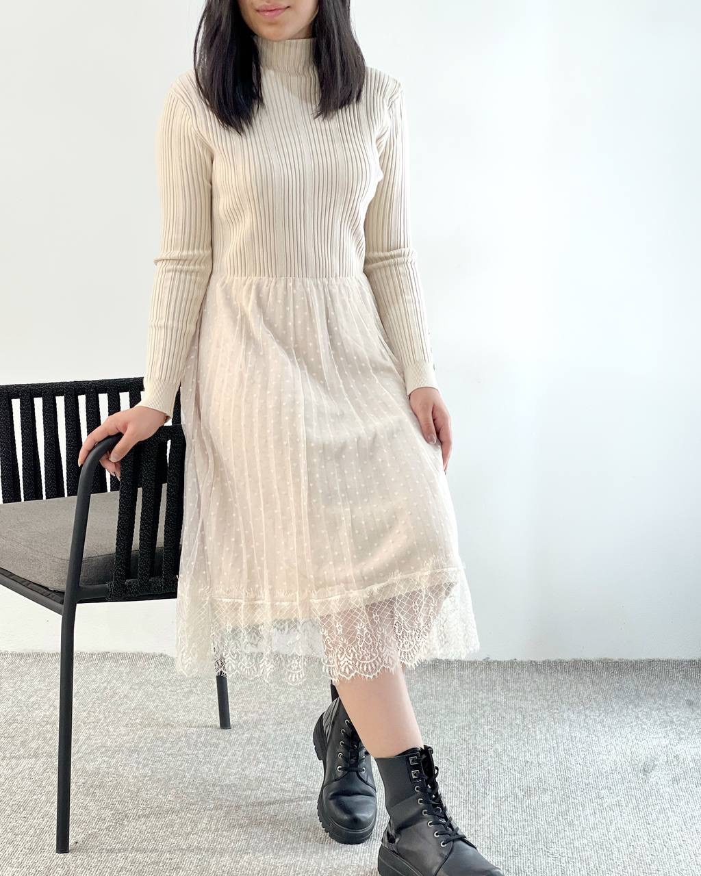 پیراهن بافت دو رنگ دامن توری کد 5132