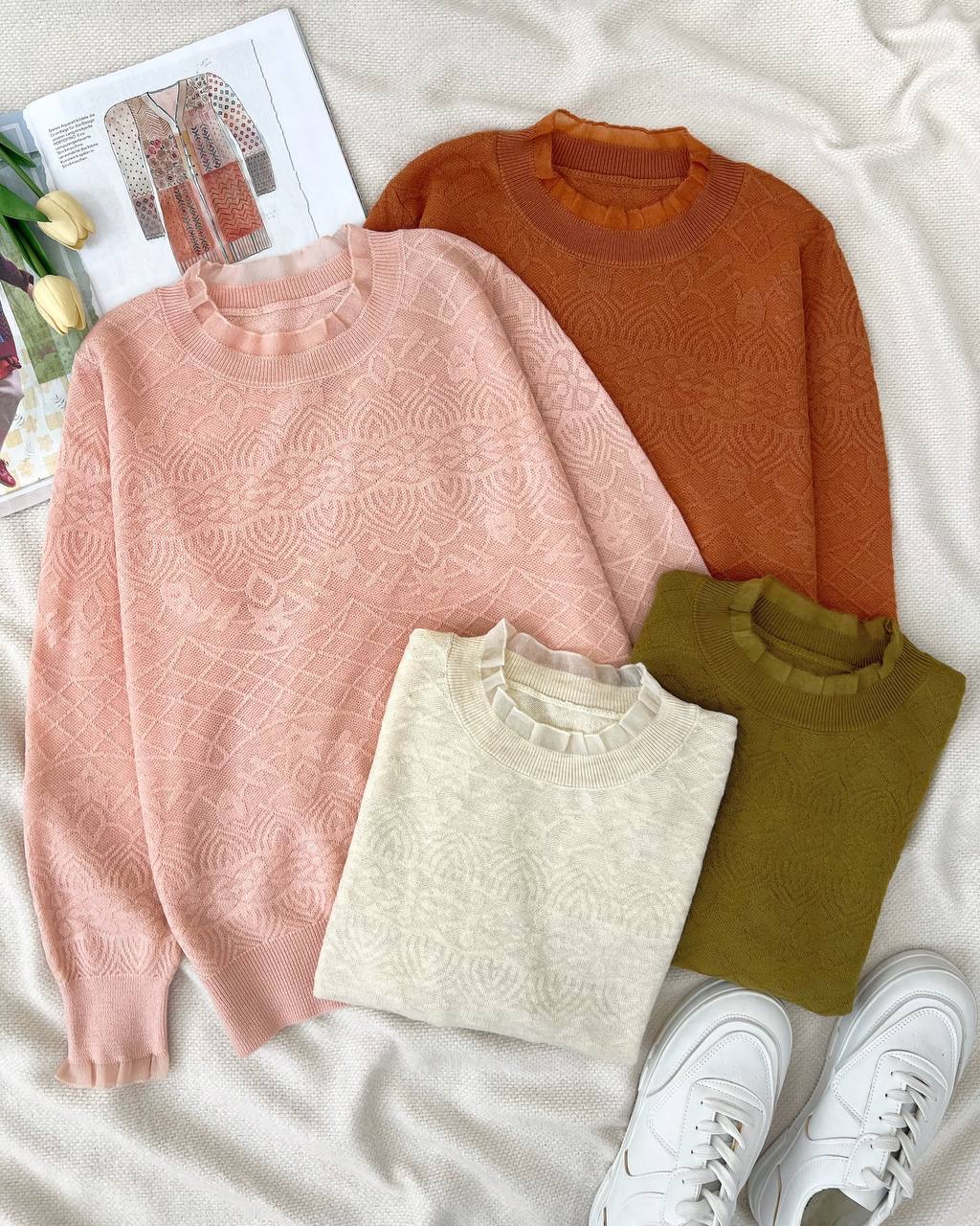 پلیور بافت طرح برجسته یقه و سرآستین چین کد5152