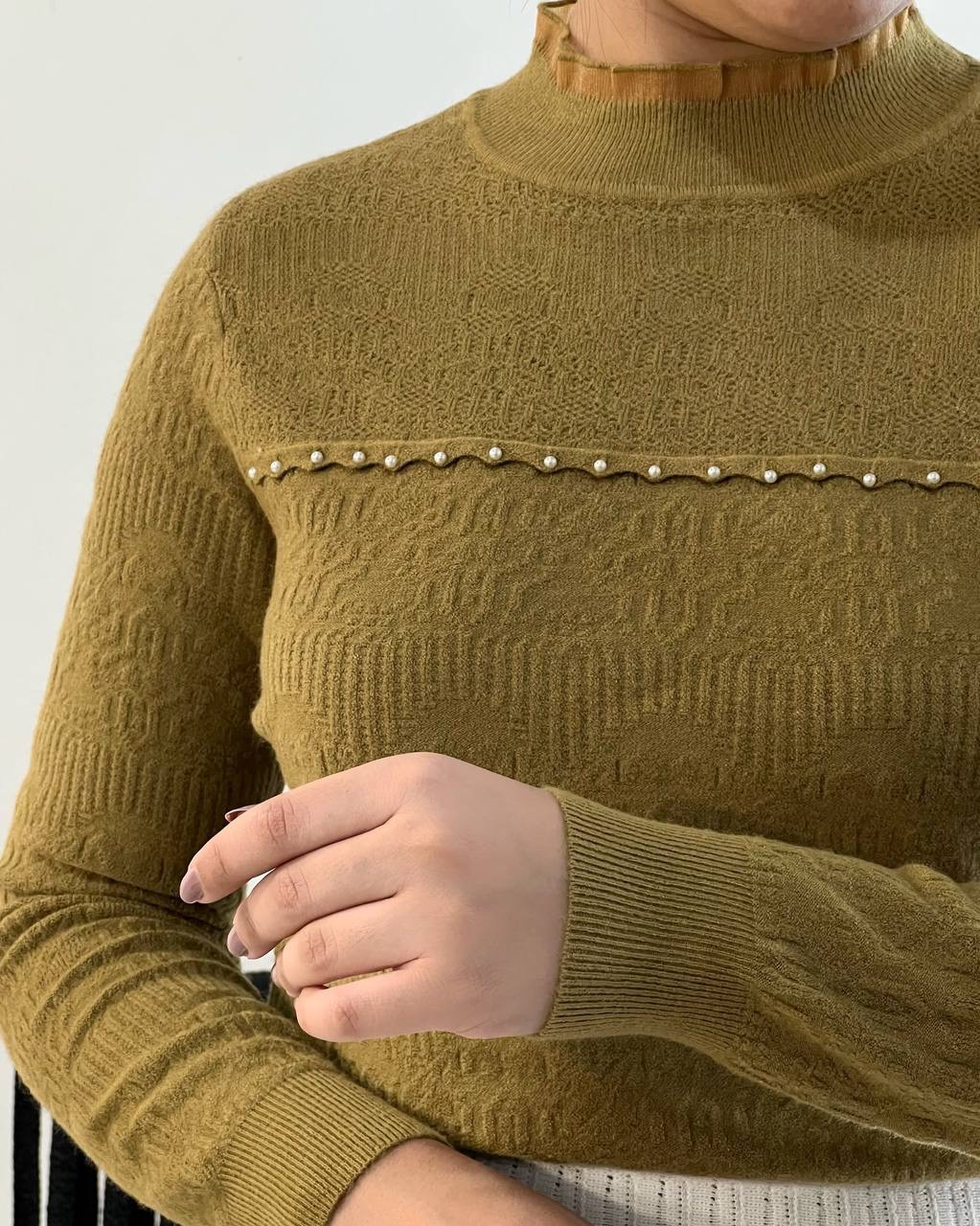 بلوز بافت یقه و سر آستین تور مرواریدی کد5157