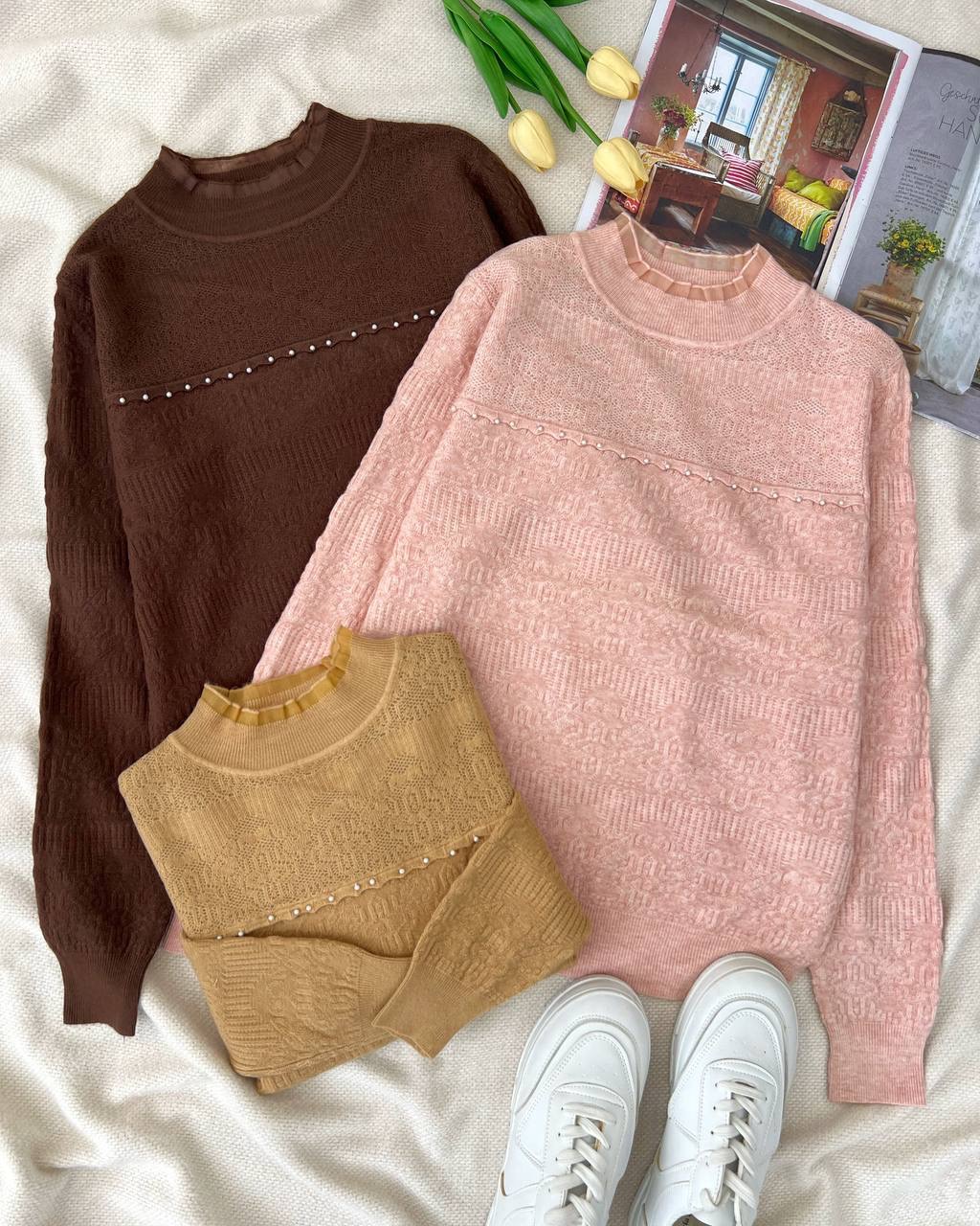 بلوز بافت یقه و سر آستین تور مرواریدی کد5157