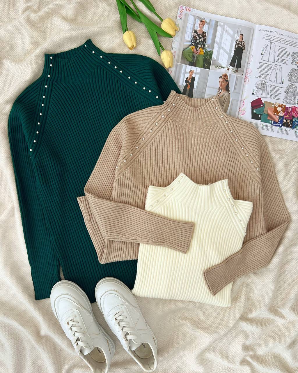 پلیور بافت یقه ایستاده مرواریدی کد5158