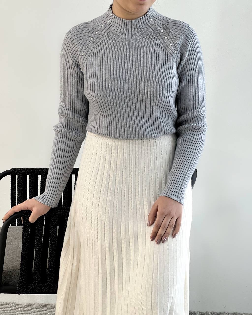 پلیور بافت یقه ایستاده مرواریدی کد5158