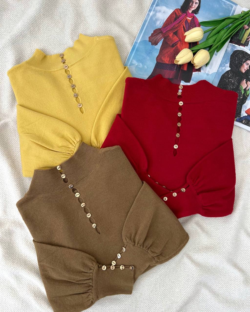 پلیور بافت آستین مُچی دُکمه کد 5162