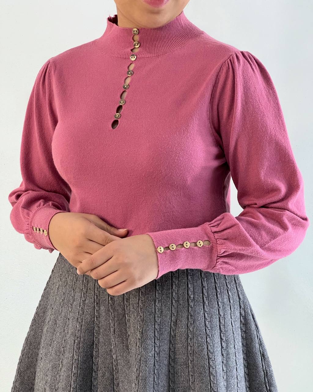 پلیور بافت آستین مُچی دُکمه کد 5162