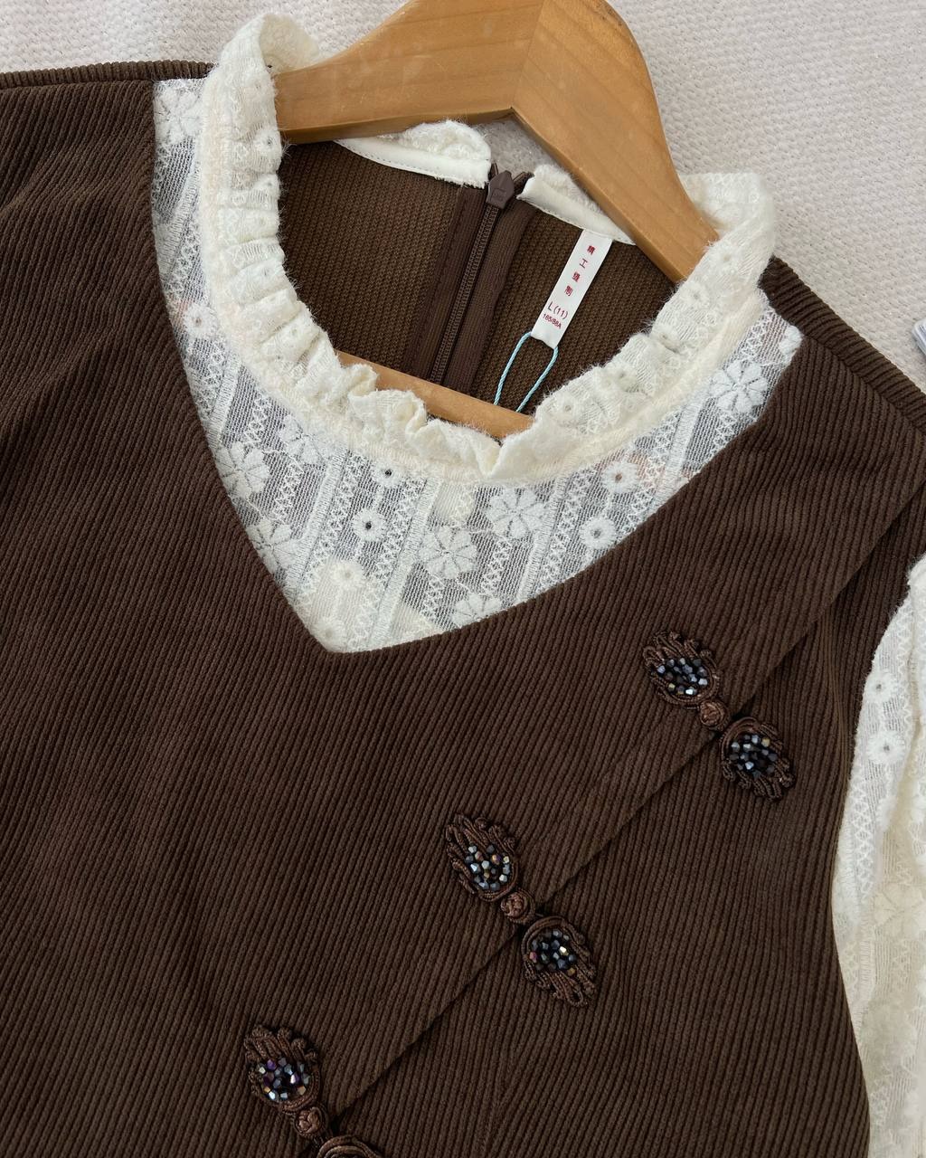 پیراهن مخمل آستین گیپور قهوه ای کد 5176