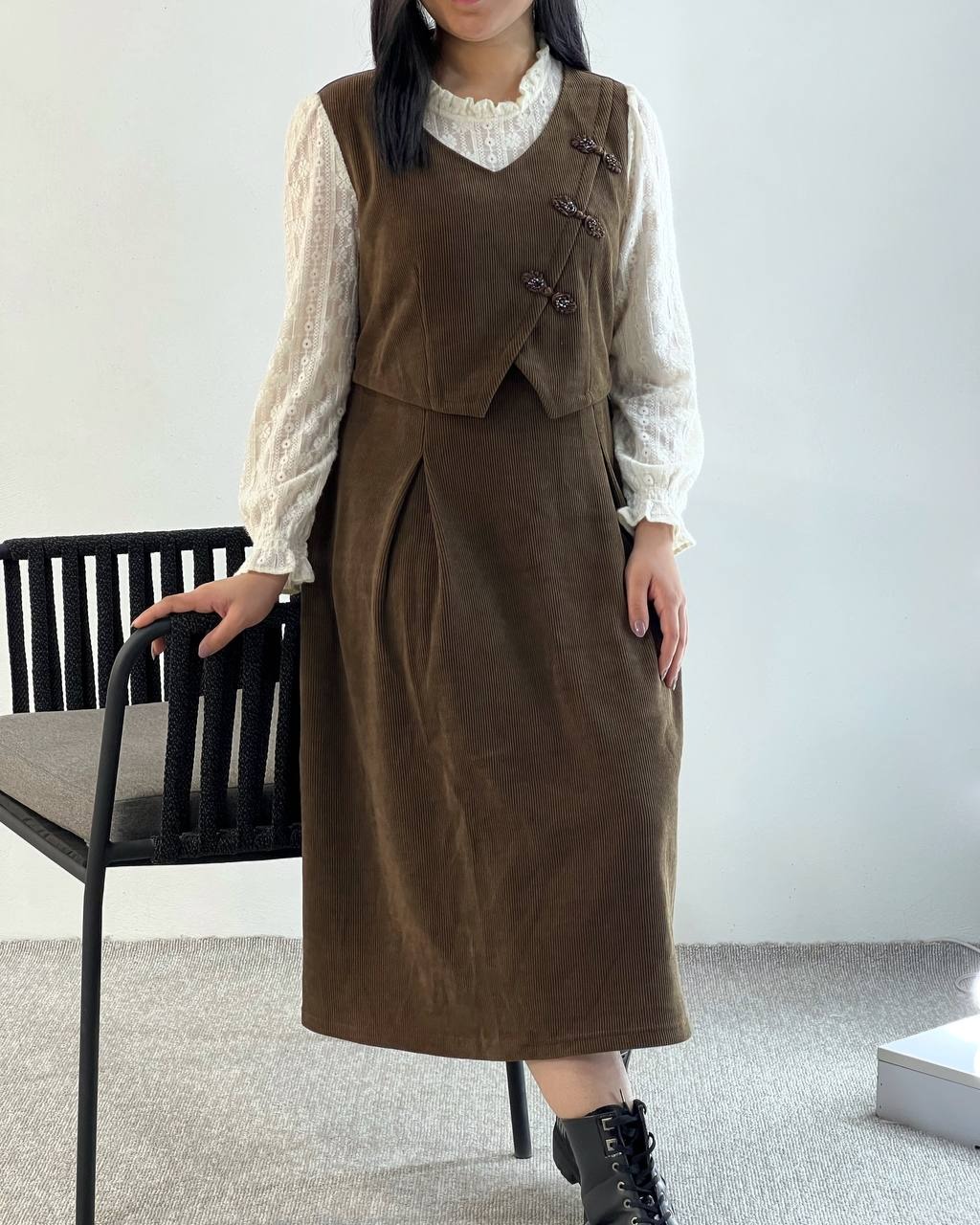 پیراهن مخمل آستین گیپور قهوه ای کد 5176