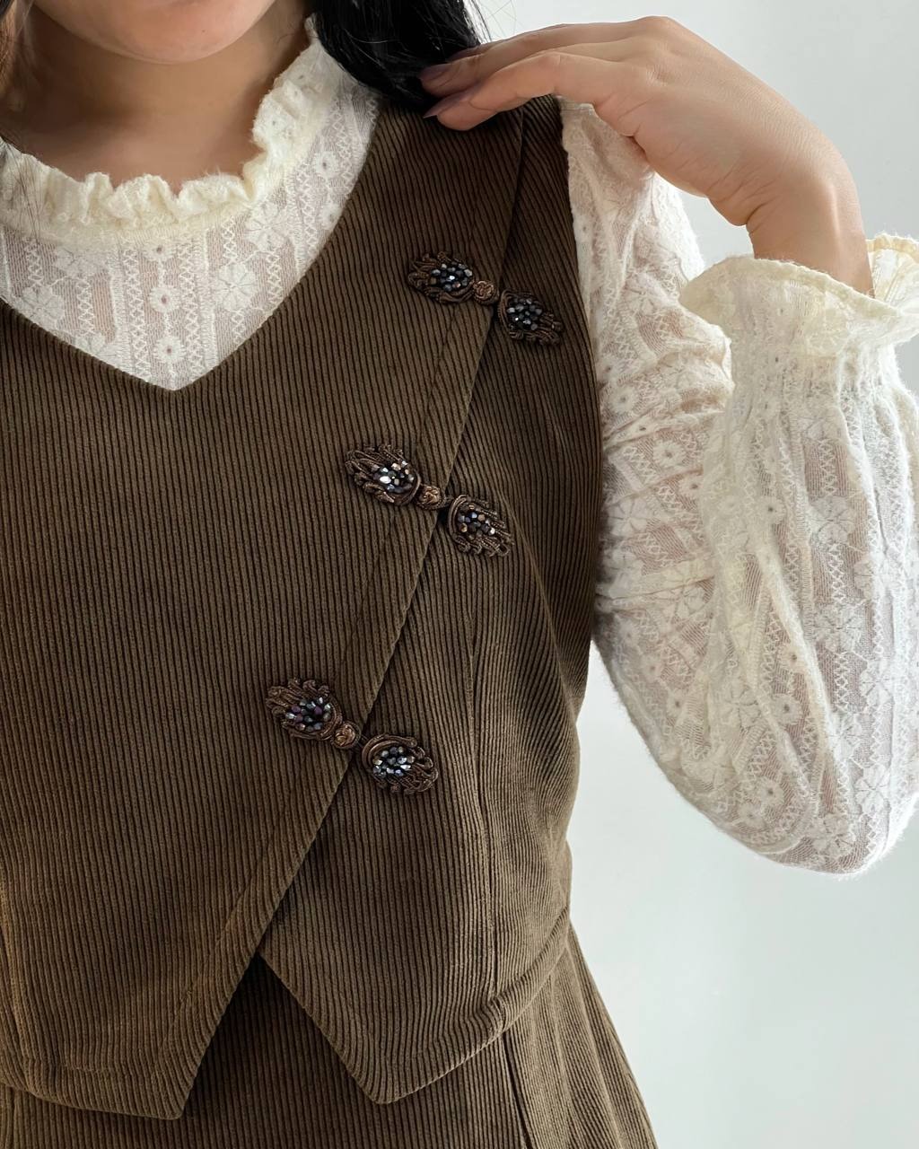 پیراهن مخمل آستین گیپور قهوه ای کد 5176