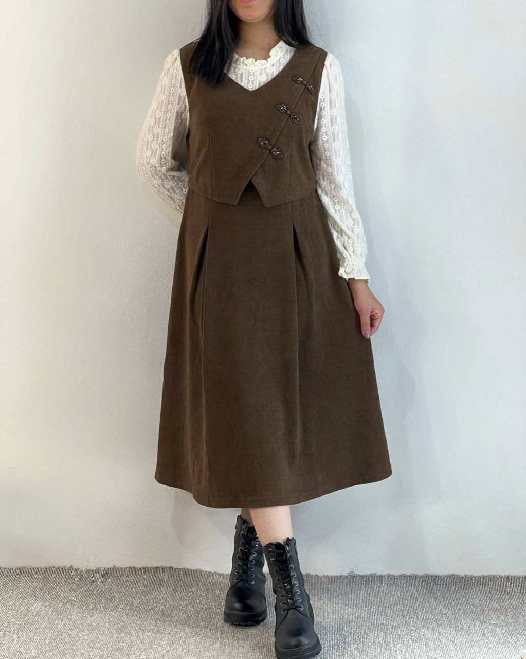 پیراهن مخمل آستین گیپور قهوه ای کد 5176