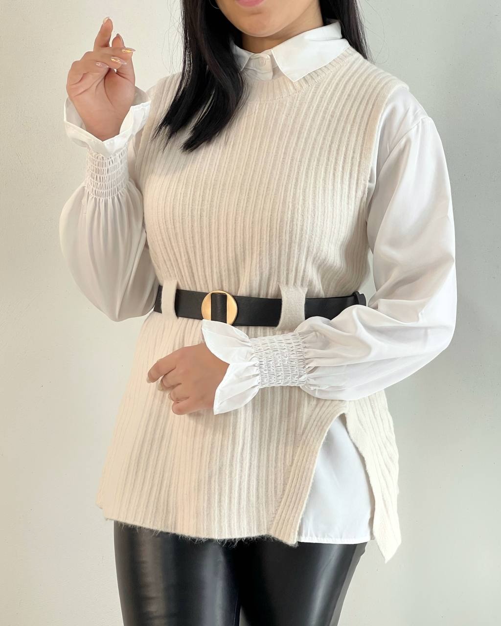 ست شومیز و جلیقه بافت بهمراه کمربند کد 5227