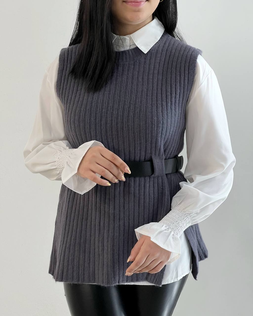 ست شومیز و جلیقه بافت بهمراه کمربند کد 5227