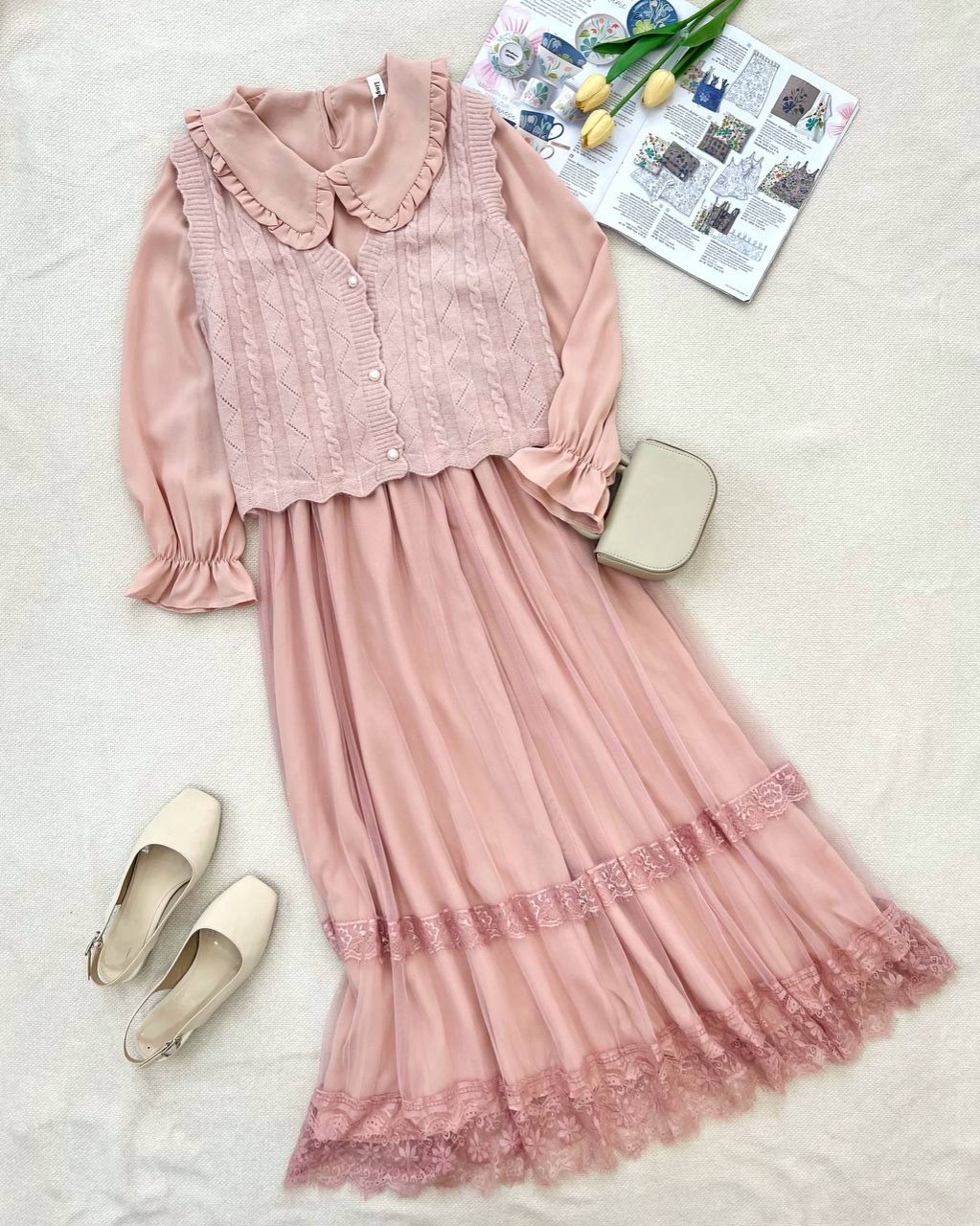 ست پیراهن بهمراه کمربند و جلیقه بافت کد5240