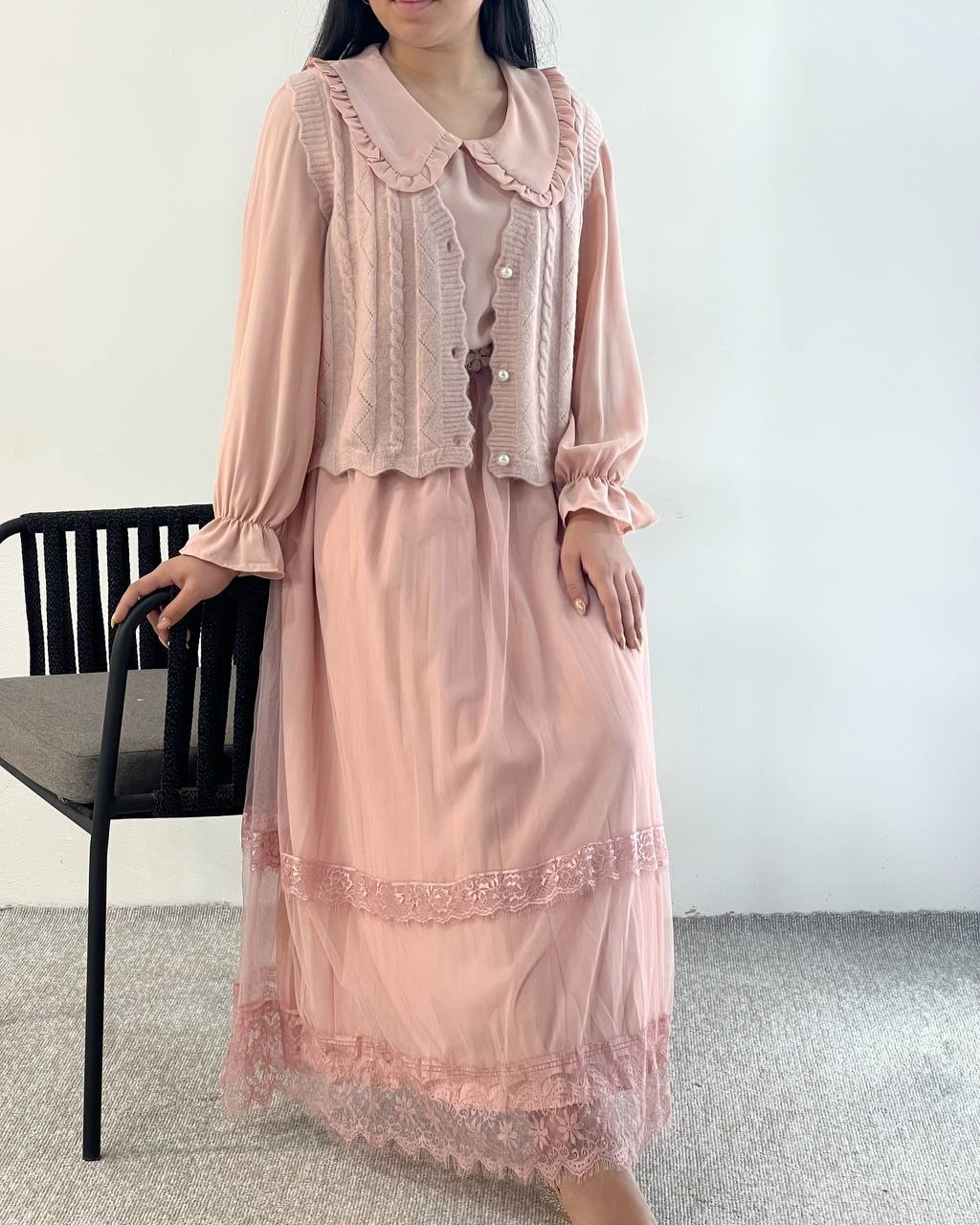 ست پیراهن بهمراه کمربند و جلیقه بافت کد5240