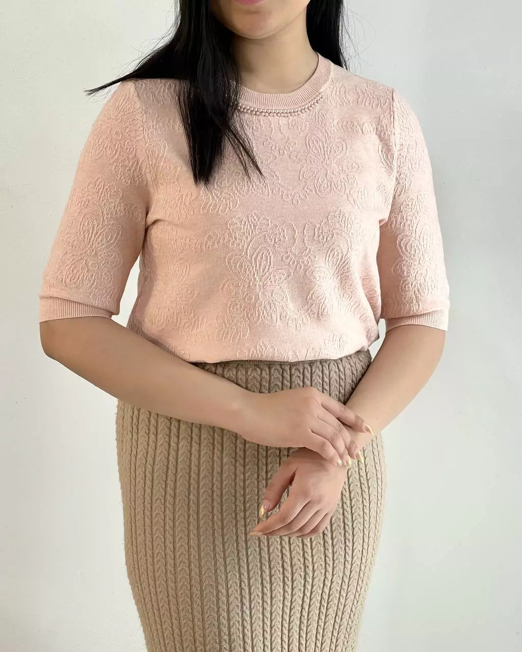 بلوز بافت آستین سه ربع یقه مروارید کد 5291