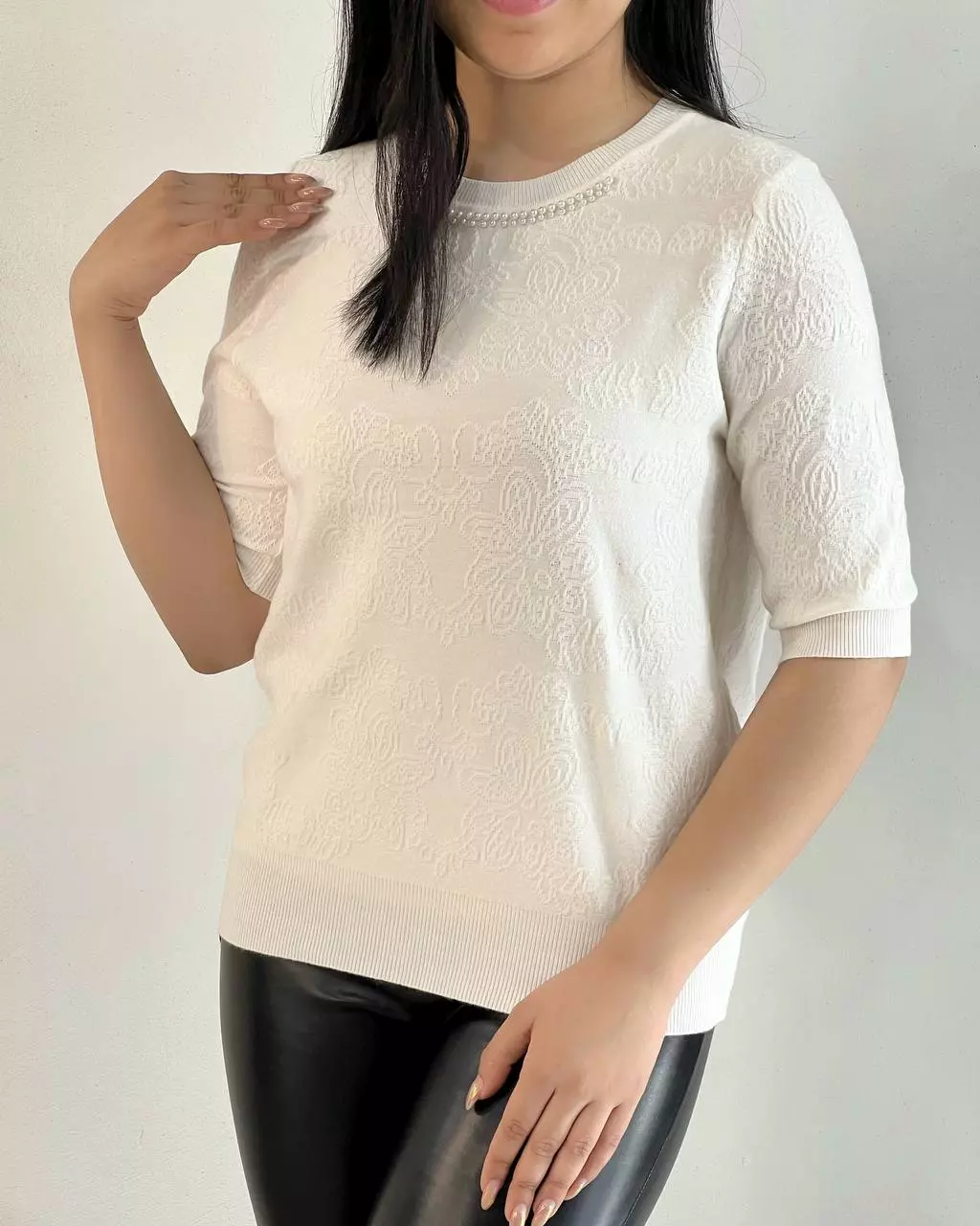 بلوز بافت آستین سه ربع یقه مروارید کد 5291