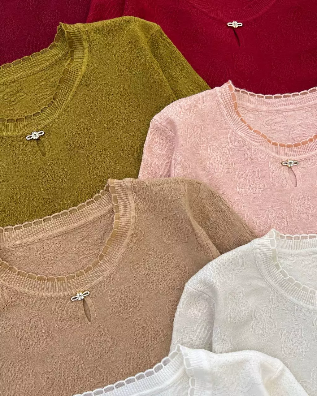 بلوز بافت آستین سه ربع یقه پاپیون کد 5297