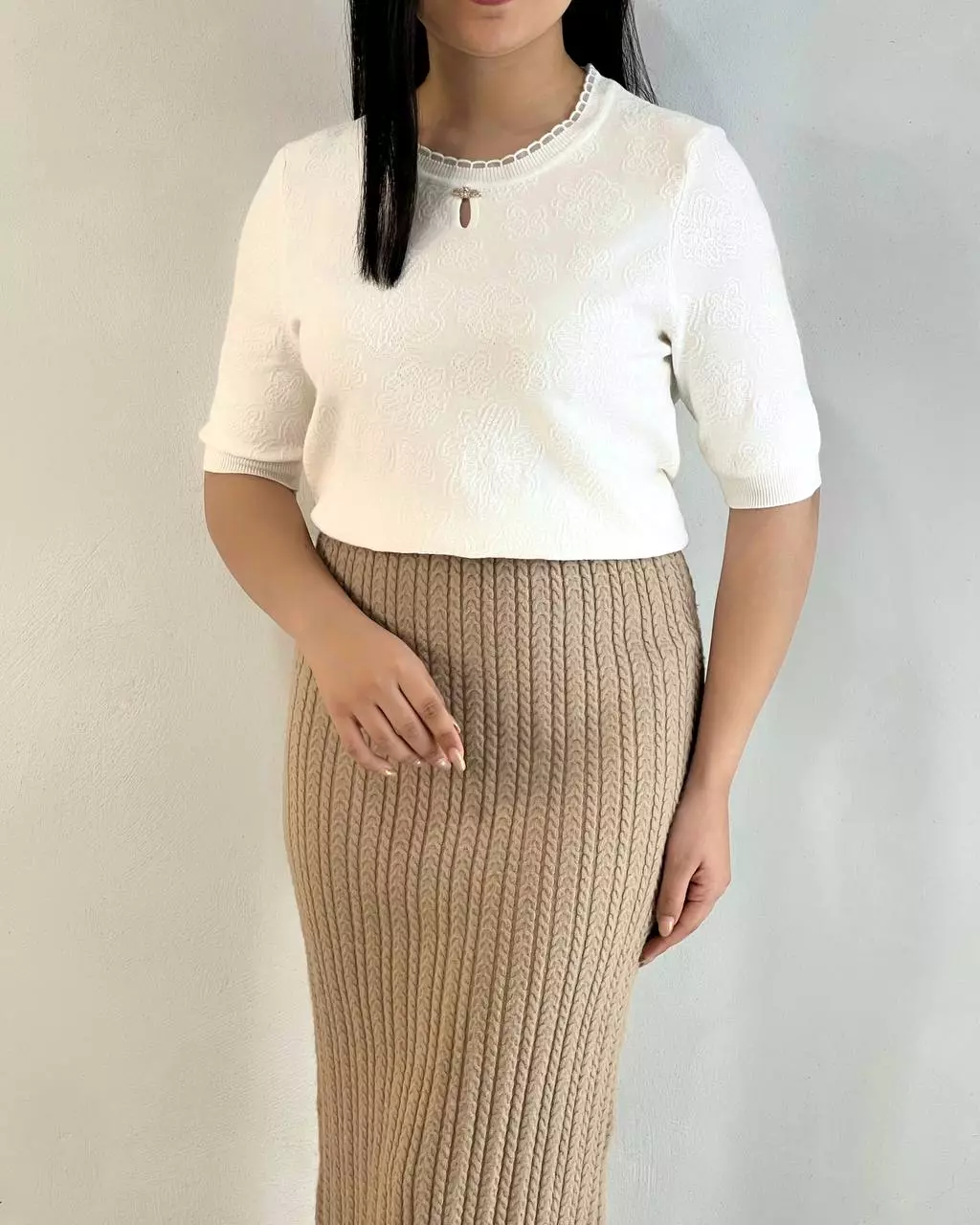 بلوز بافت آستین سه ربع یقه پاپیون کد 5297