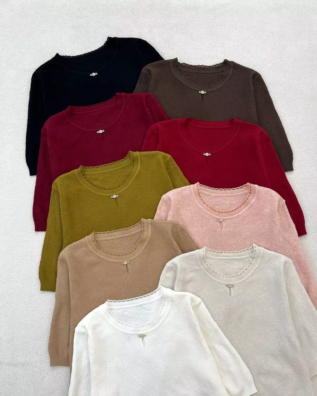 بلوز بافت آستین سه ربع یقه پاپیون کد 5297