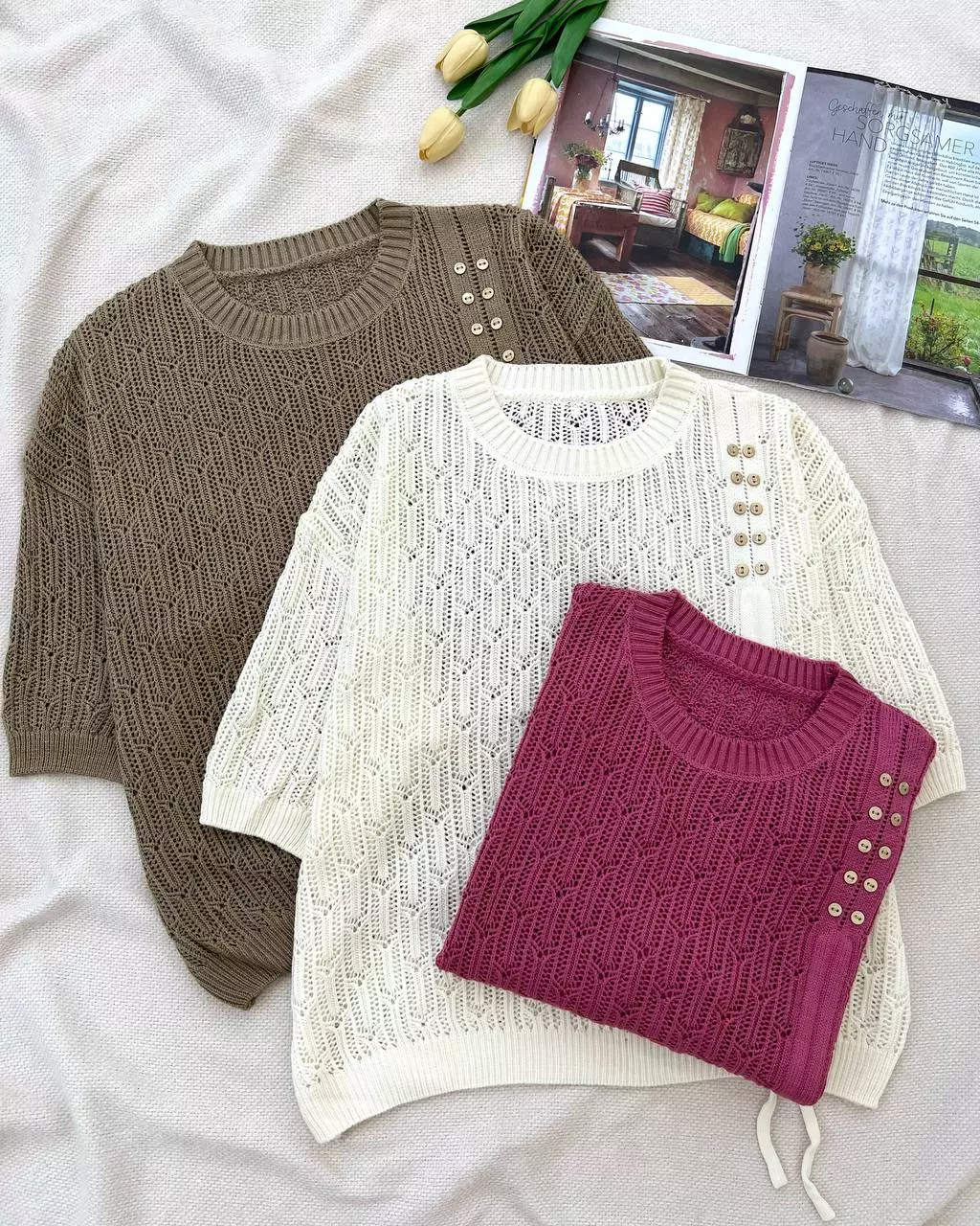 پلیور بافت قلاب بافی استین سه ربع کد 5300