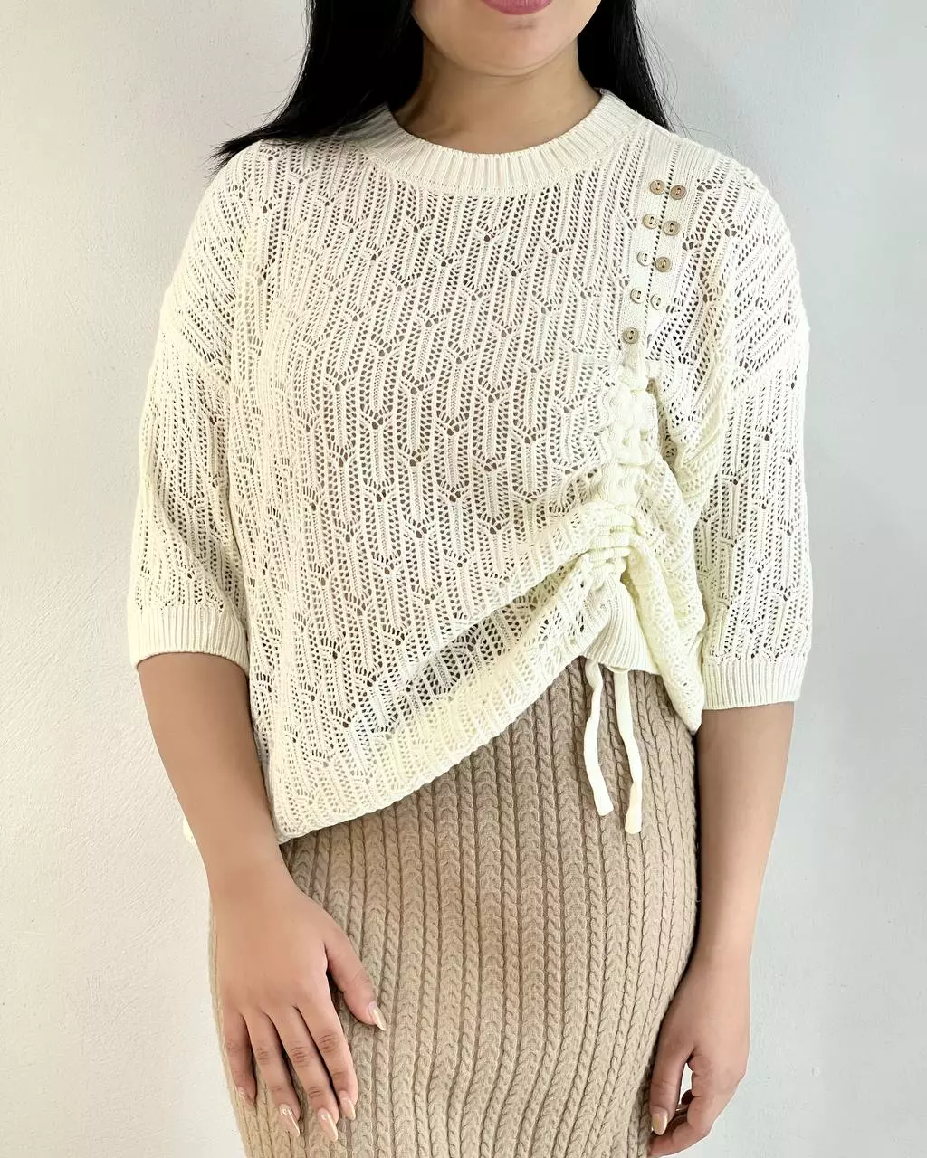 پلیور بافت قلاب بافی استین سه ربع کد 5300