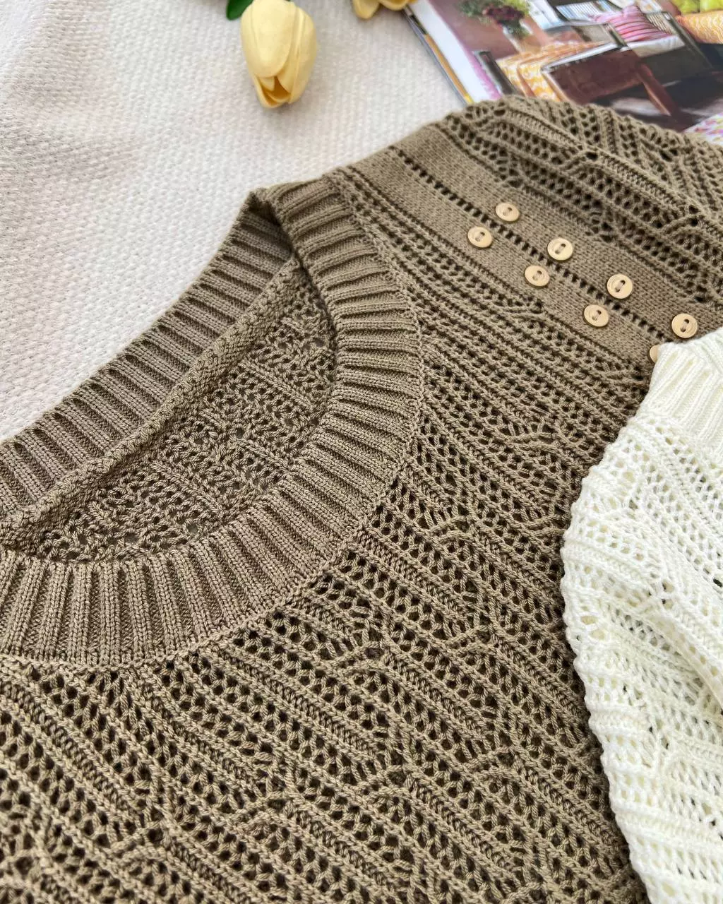 پلیور بافت قلاب بافی استین سه ربع کد 5300