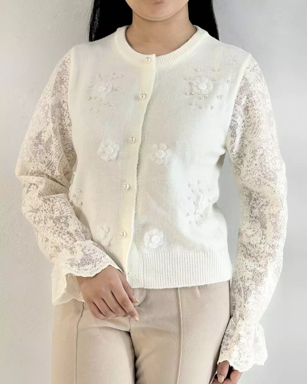 ژاکت بافت آستین کارشده گل و مروارید کد 5309