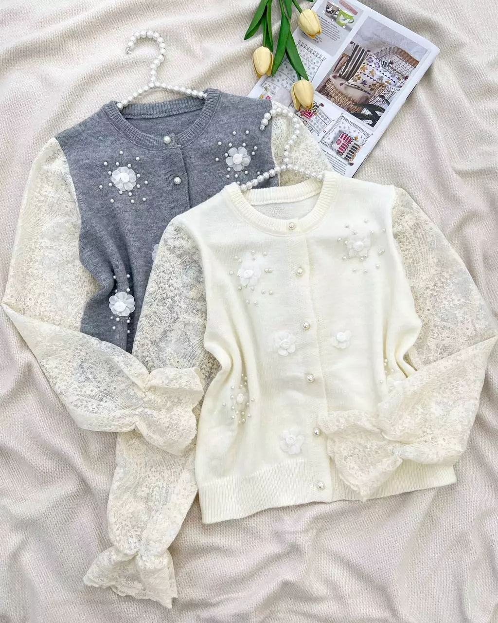 ژاکت بافت آستین کارشده گل و مروارید کد 5309