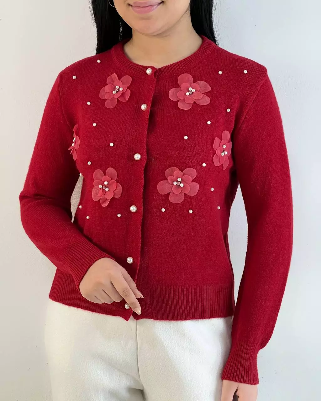 ژاکت بافت گل و مروارید گل برجسته کد 5318