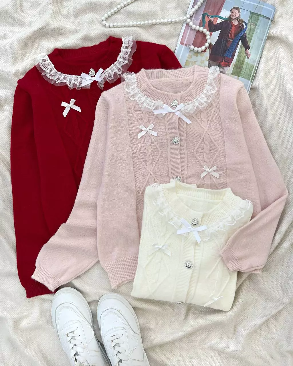 ژاکت بافت دکمه قلب پاپیون کد 5343