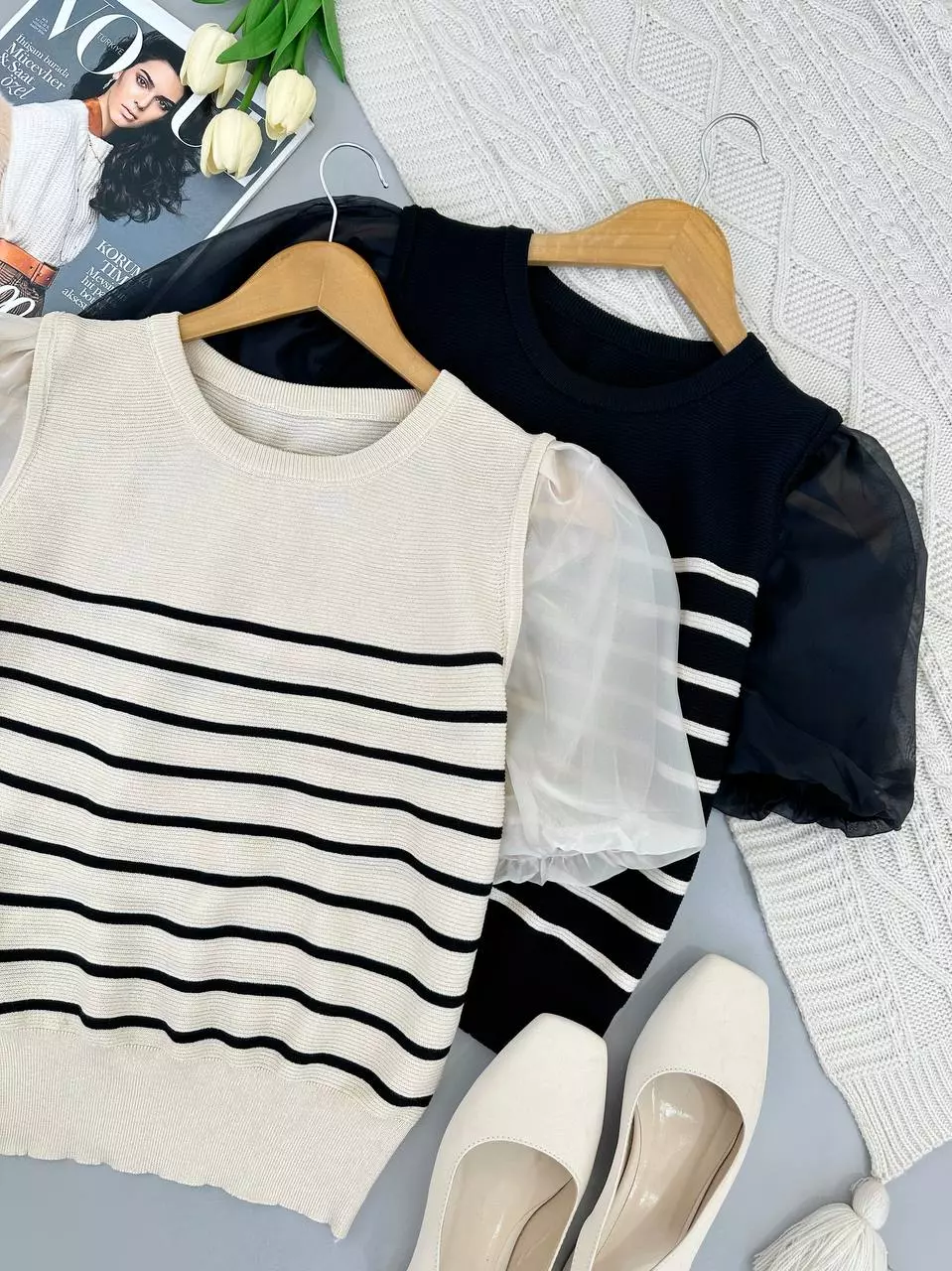 بلوز بافت راه راه استین پف کد 5361