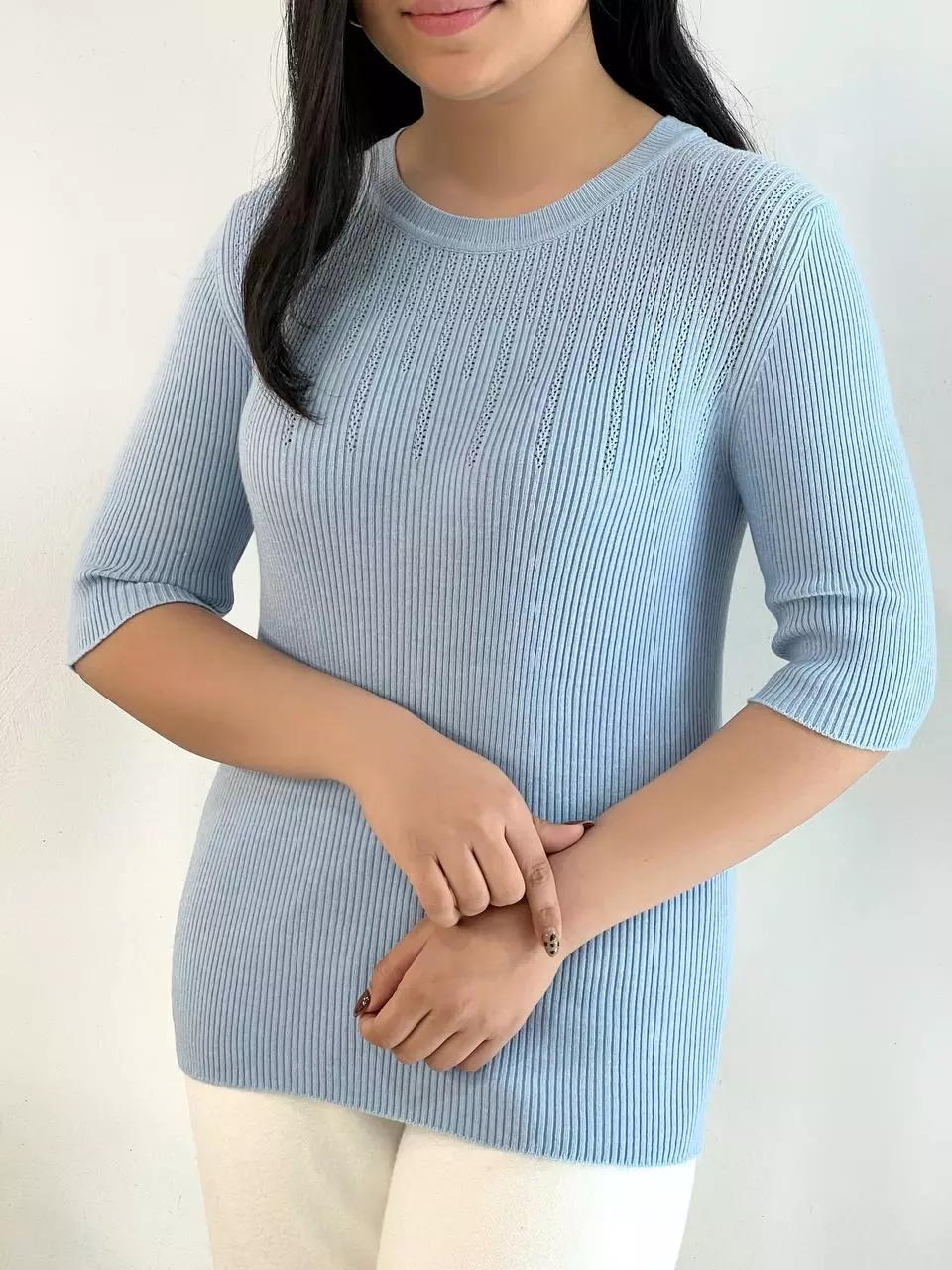 بلوز بافت استین سه ربع یقه گرد کد 5392