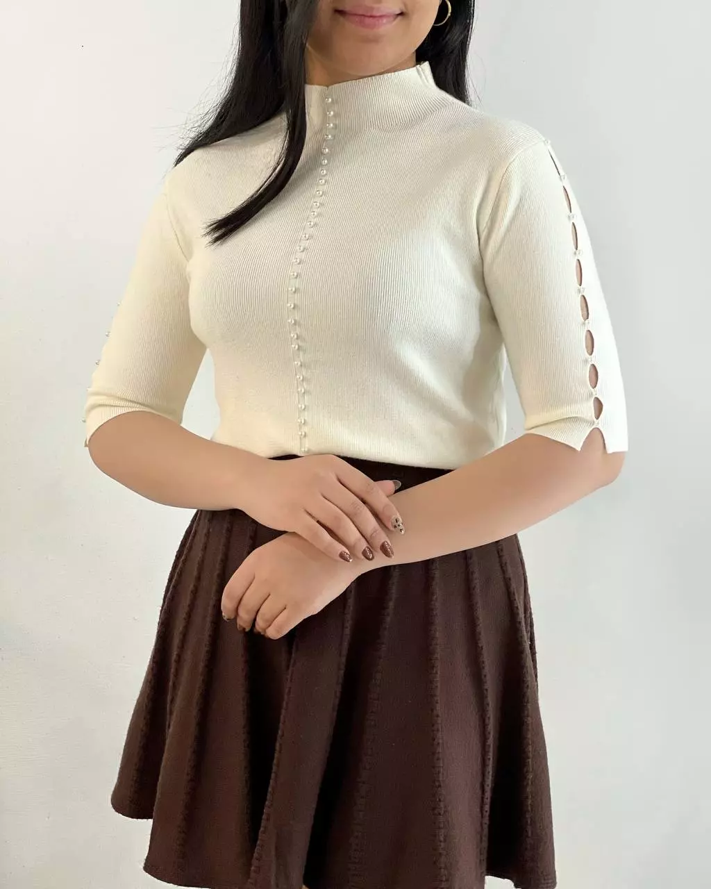 بلوز بافت استین سه ربع مروارید کد 5399